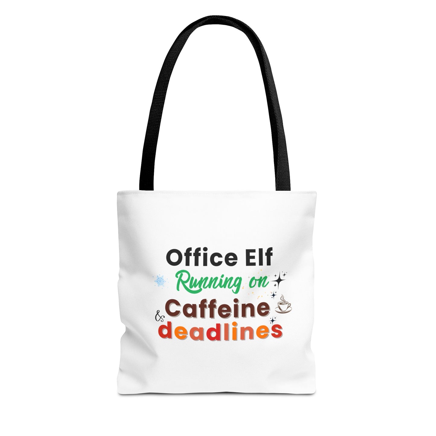Tote bag with red handle and text 'Office Elf Running on Caffeine & Deadlines' on a white background
