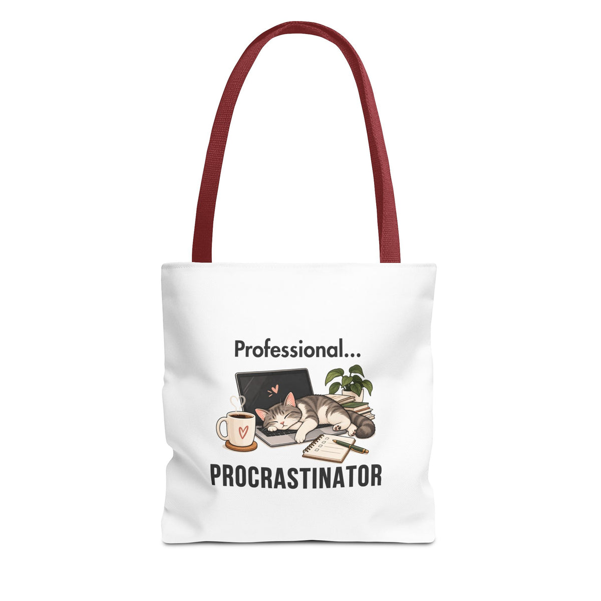 A white tote bag with red shoulder straps, featuring the text 'Professional Procrastinator'