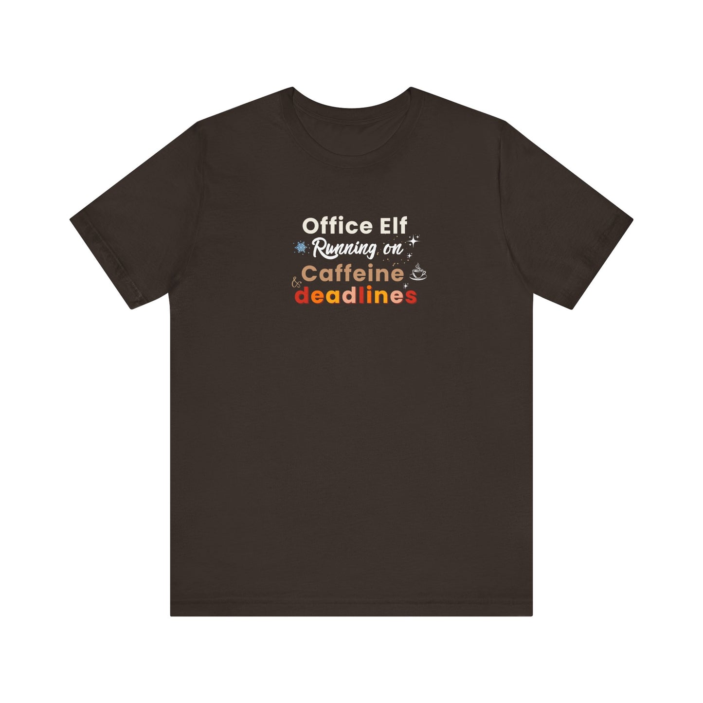 Brown t-shirt with humorous office-themed text design on a white background