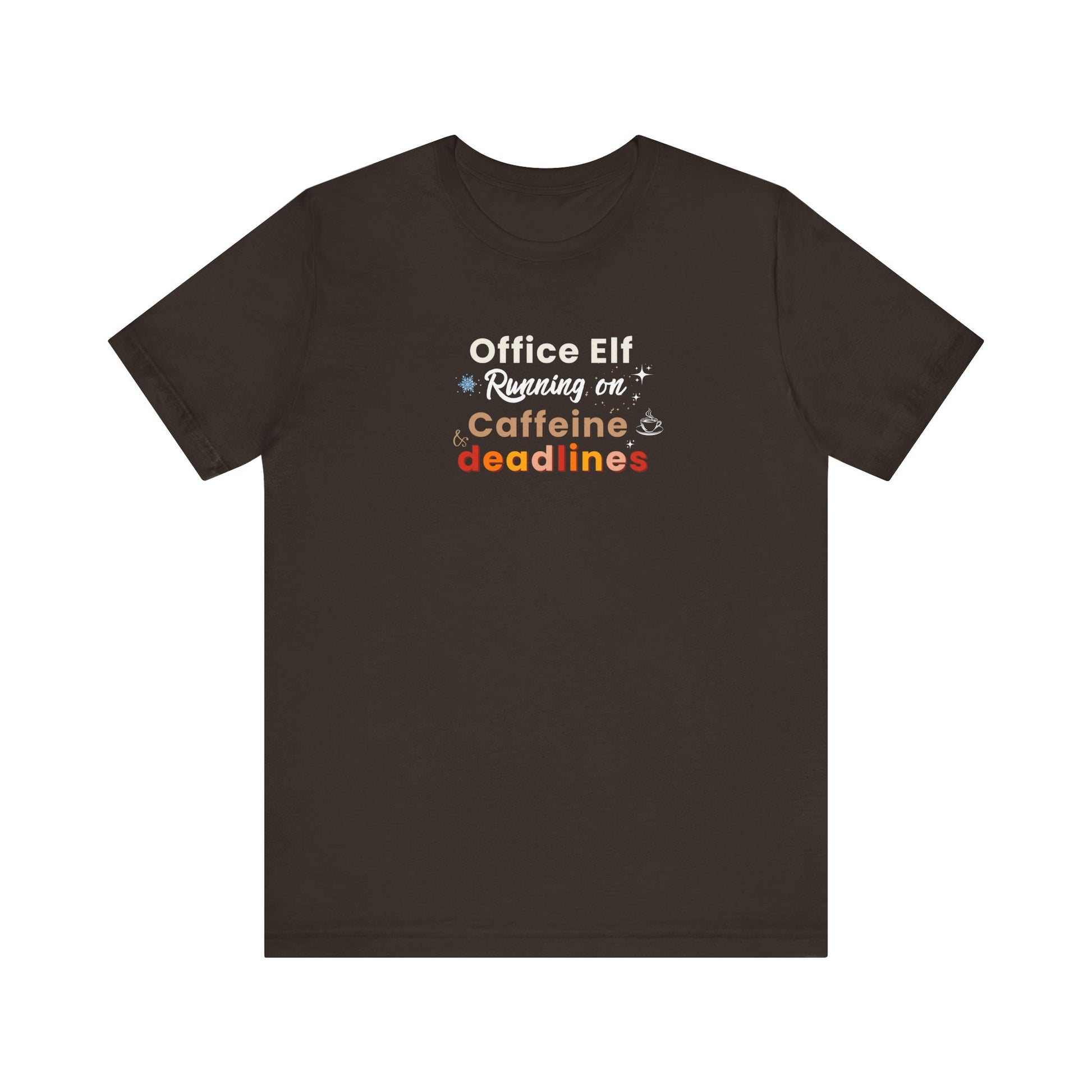 Brown t-shirt with humorous office-themed text design on a white background