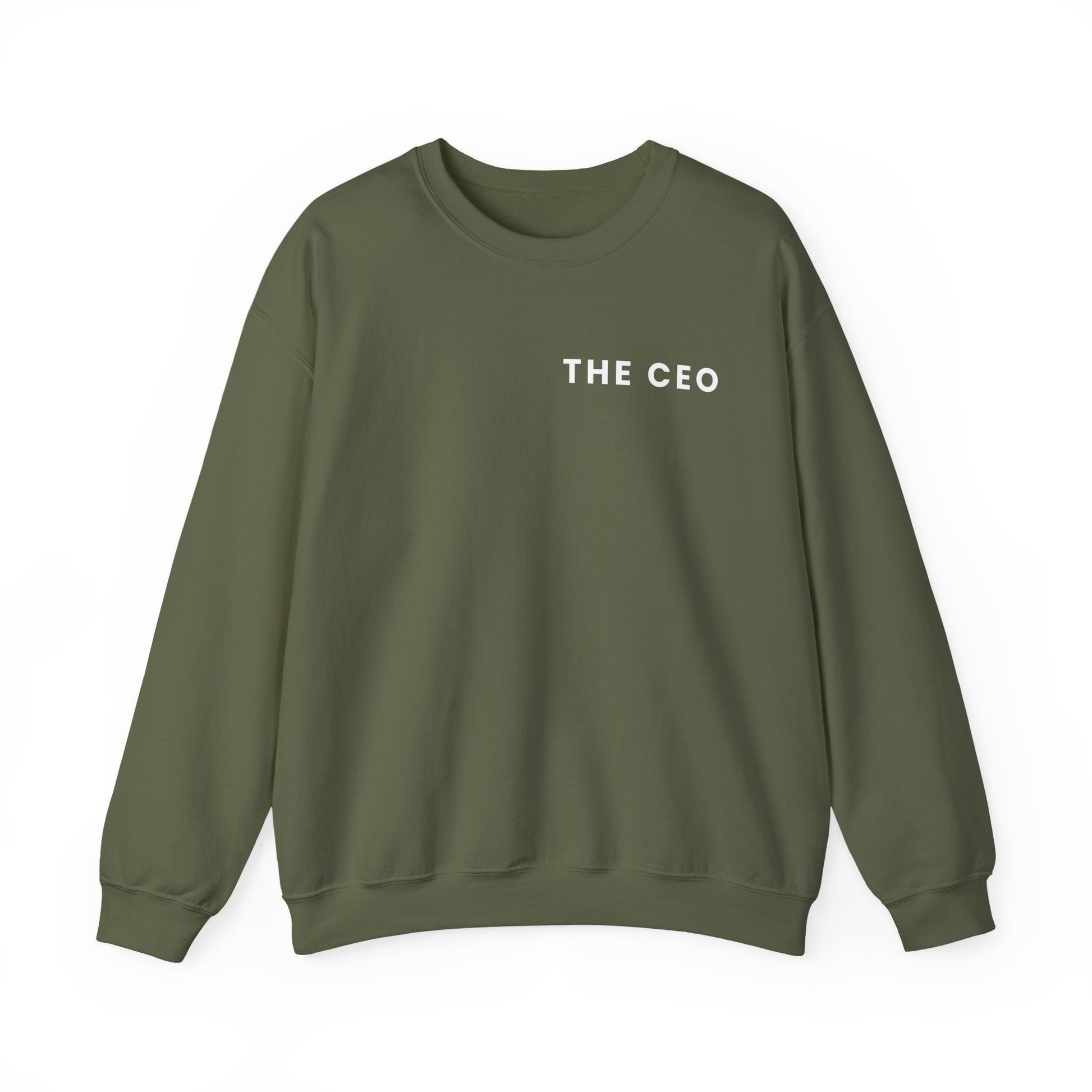 Green sweatshirt with 'THE CEO' text on a white background