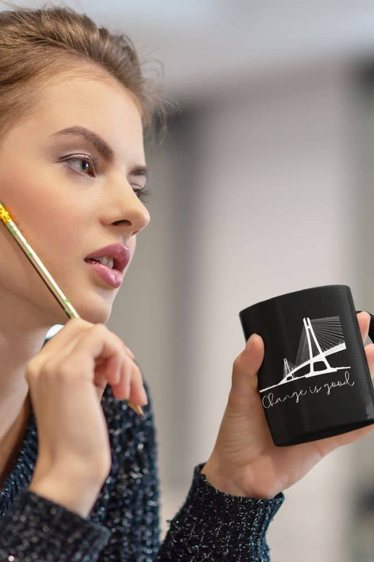 11 oz Motivational Mug with a girl sitting and thinking while holding a cup
