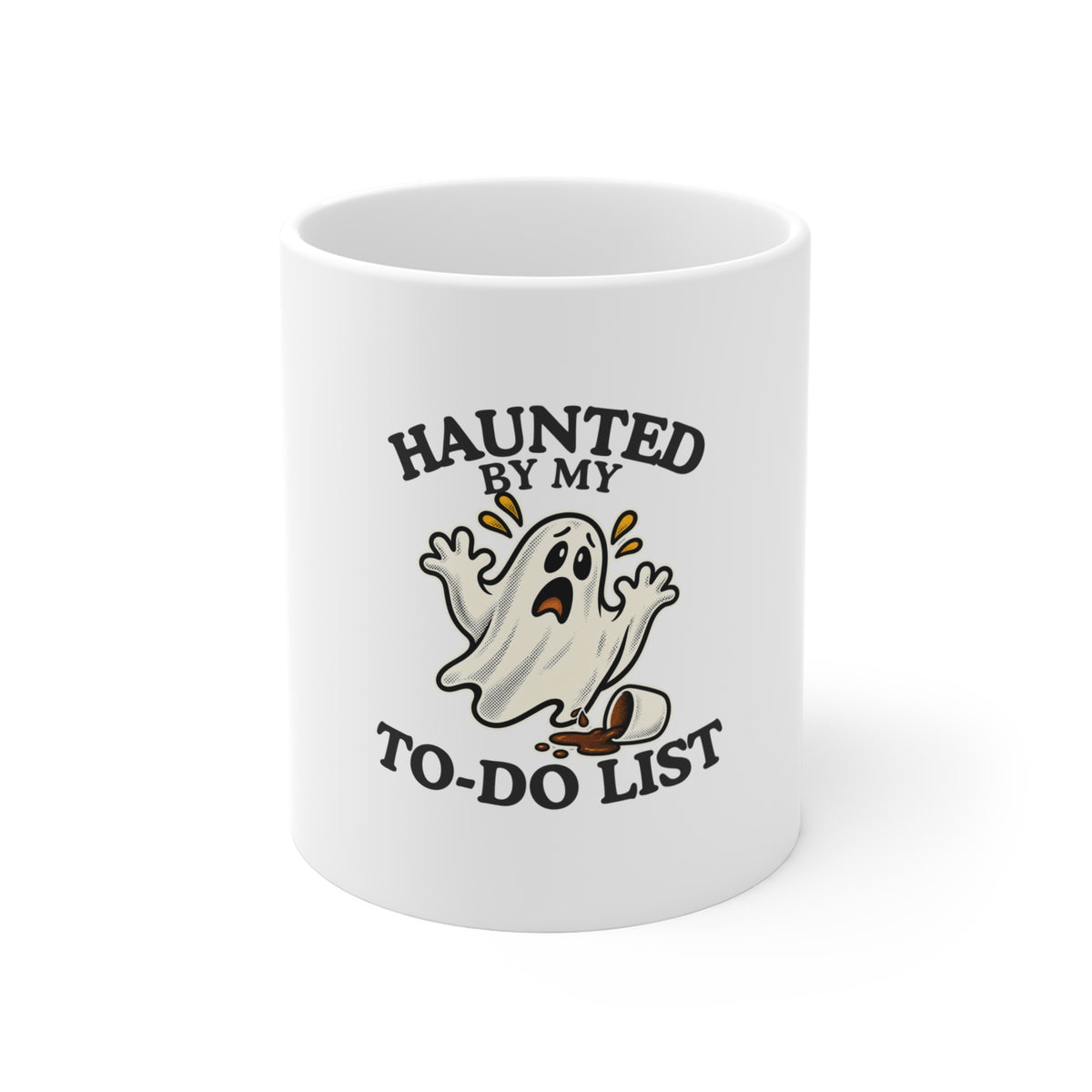 A white ceramic mug featuring a ghost graphic and the text 'Haunted by My To-Do List' on a clean white background.