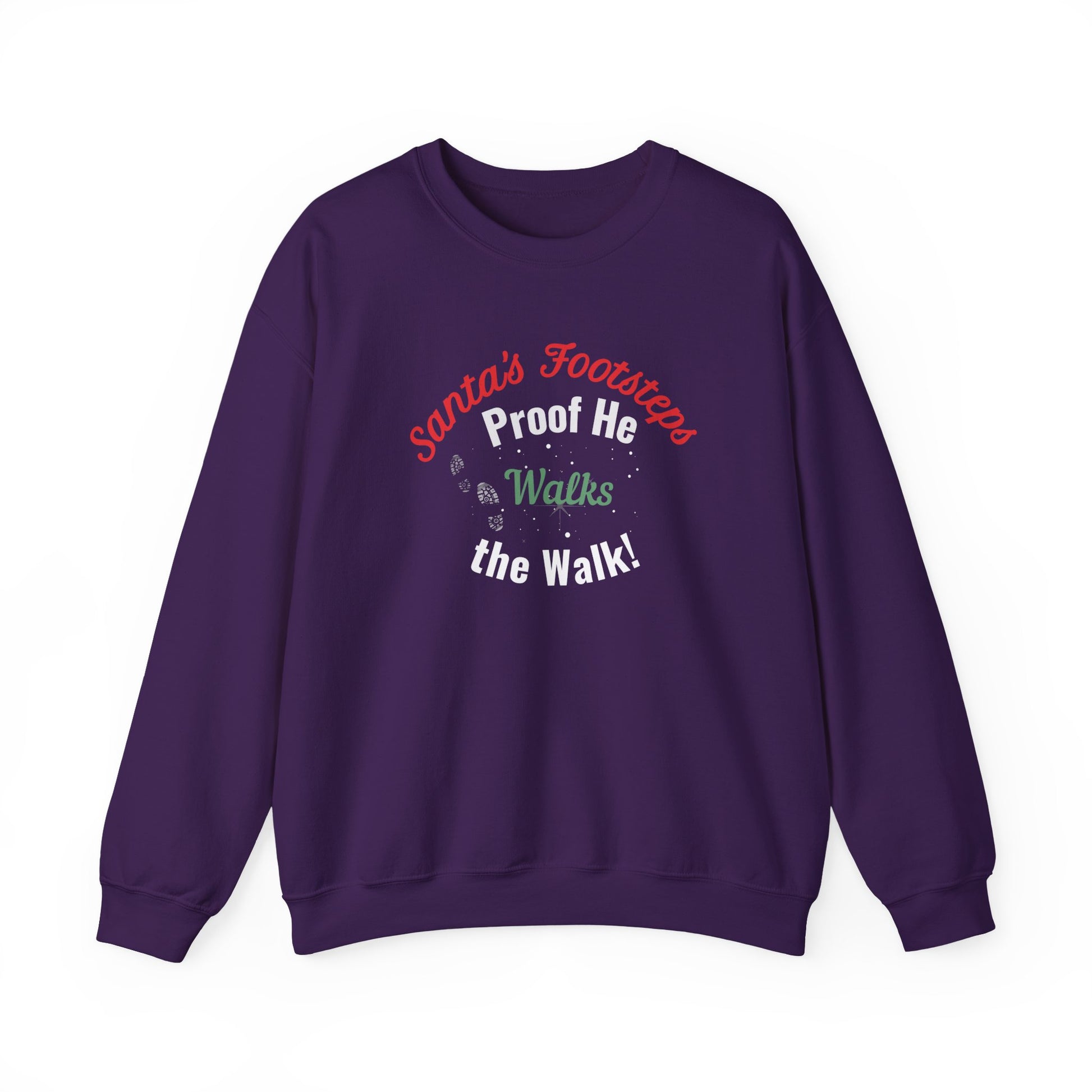 Purple sweatshirt with humorous text 'Santa's Footsteps - Proof He Walks The Walk!' on a white background