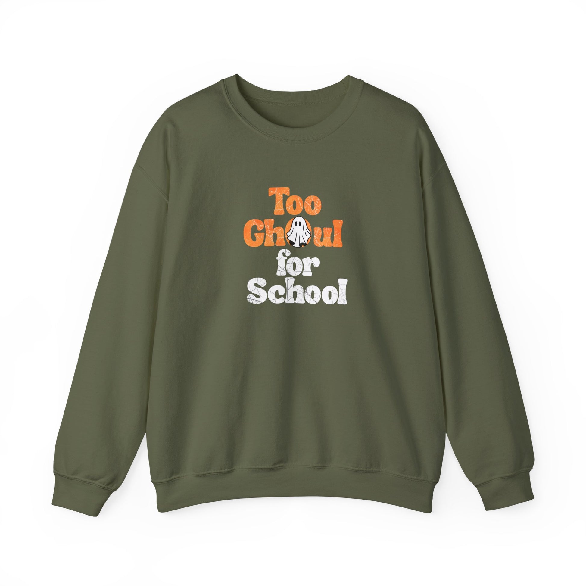 Green sweatshirt with 'Too Ghoul for School' text on a white background