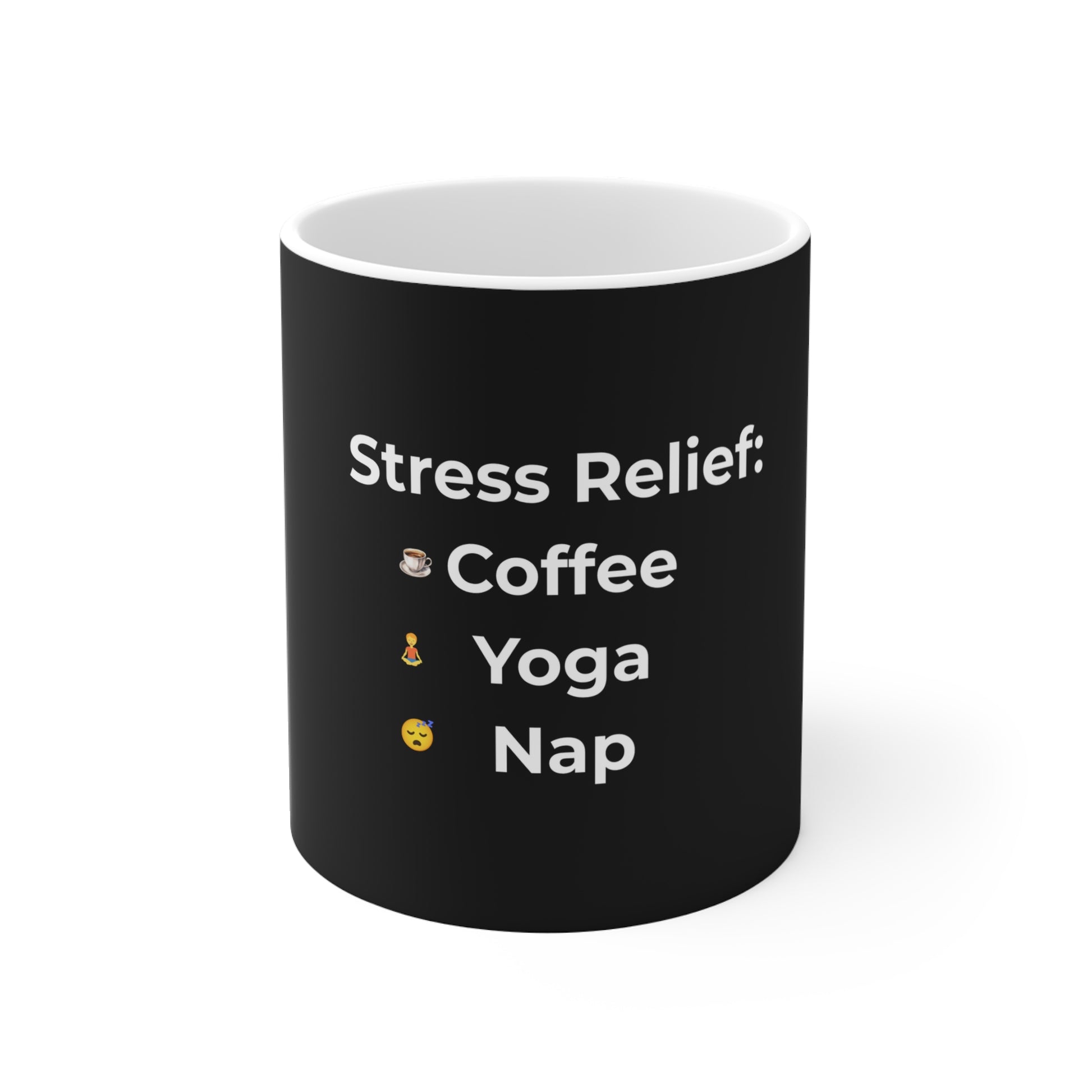"Stress relief: coffee, yoga, nap" coffee mug design with white text and icons on a white background