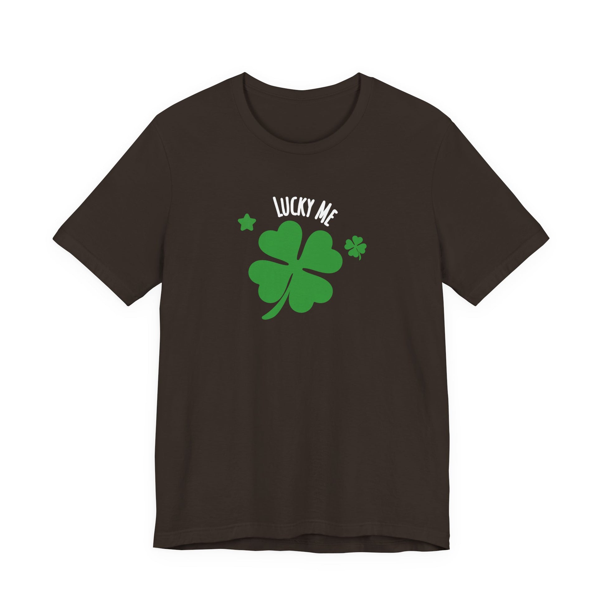brown t-shirt with green four-leaf clover and 'Lucky Me' text on a white background