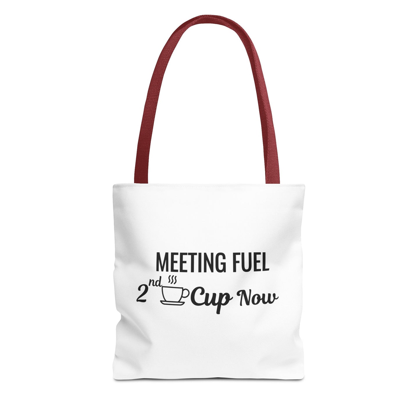 White tote bag with red handles and text 'Meeting Fuel: 2nd Cup Now' on a white background