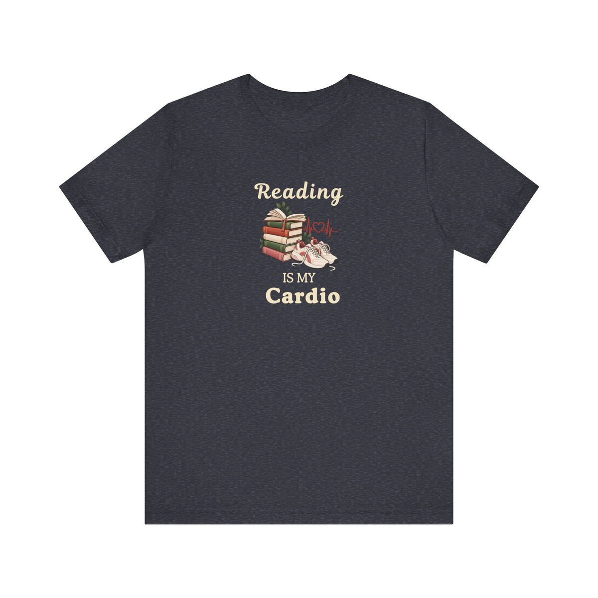 A heather navy t-shirt featuring the text 'Reading Is My Cardio' against on a white background