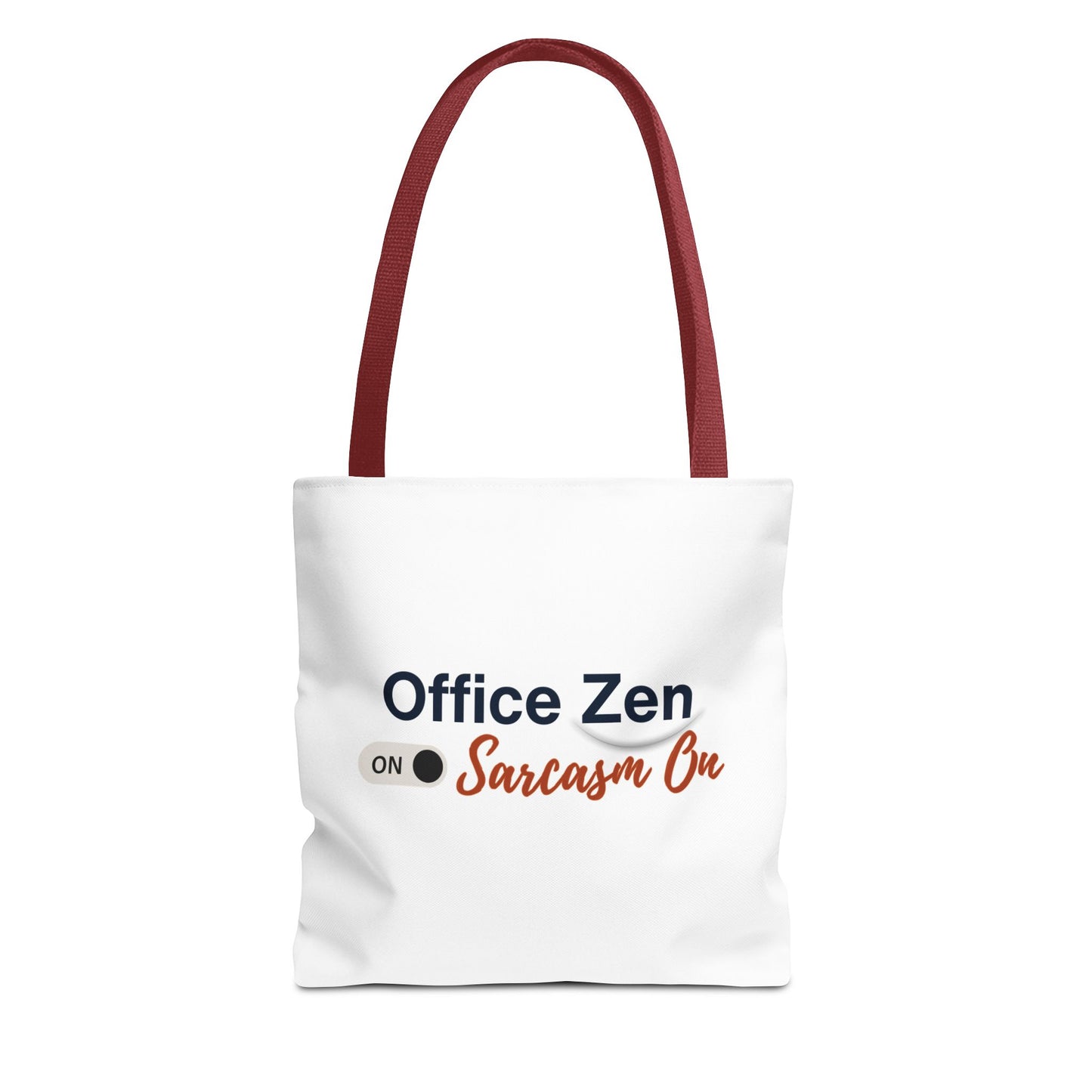 White tote bag with red handle featuring text 'Office Zen on Sarcasm On' on a white background