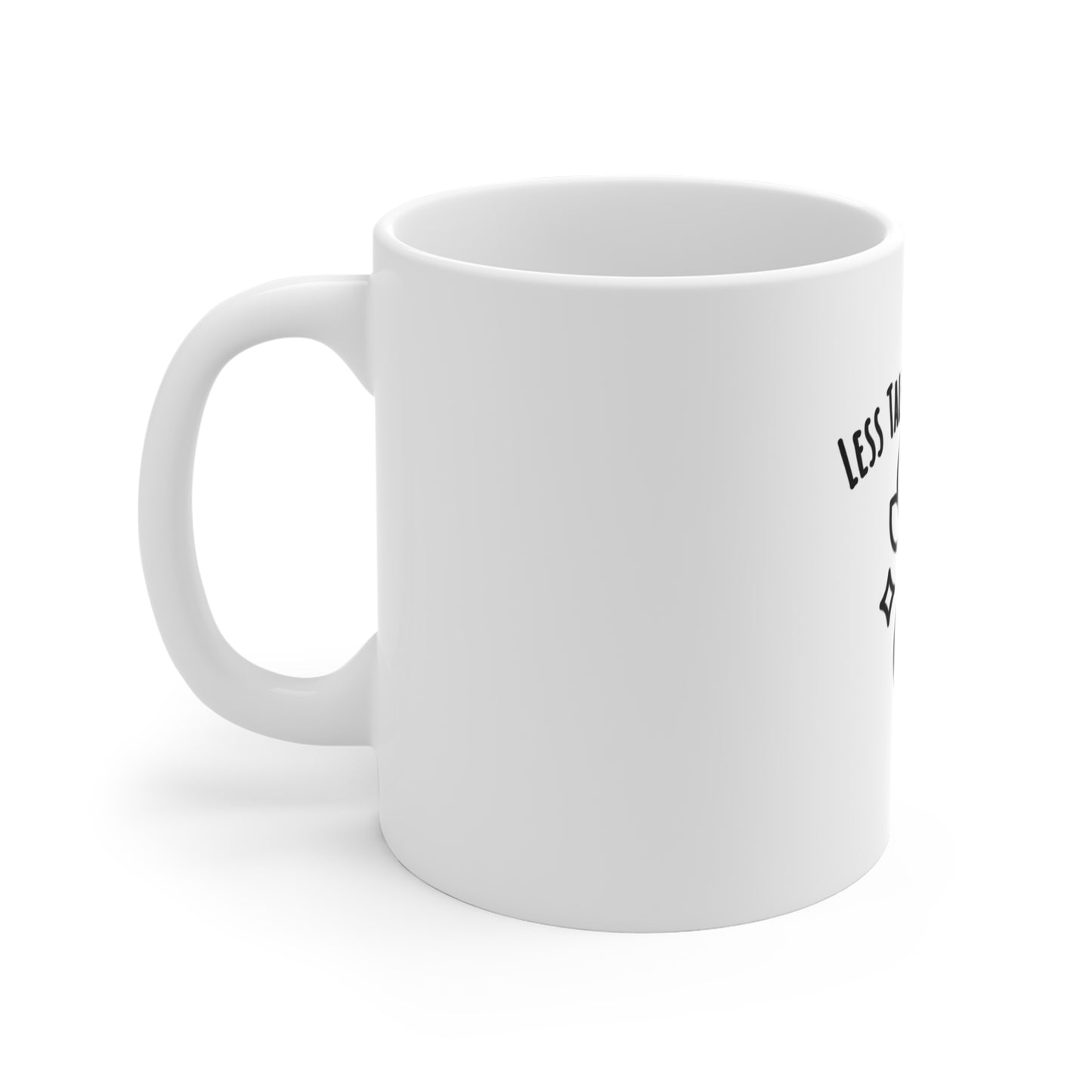 Left side of white mug with black text 'Less Talk, More Yoga' on a white background