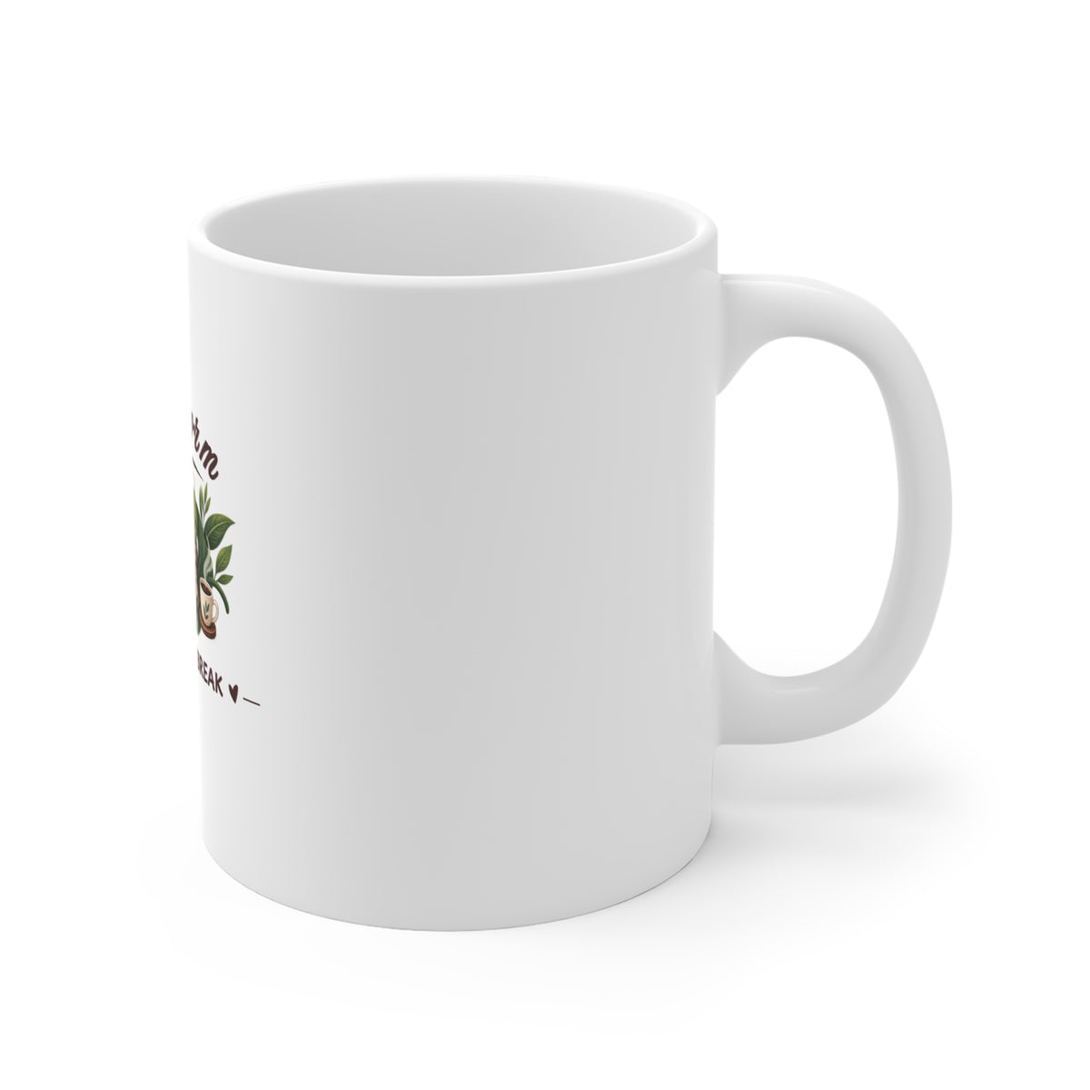 Right side of a white ceramic coffee mug featuring the text 'Bookworm ON A COFFEE BREAK'.