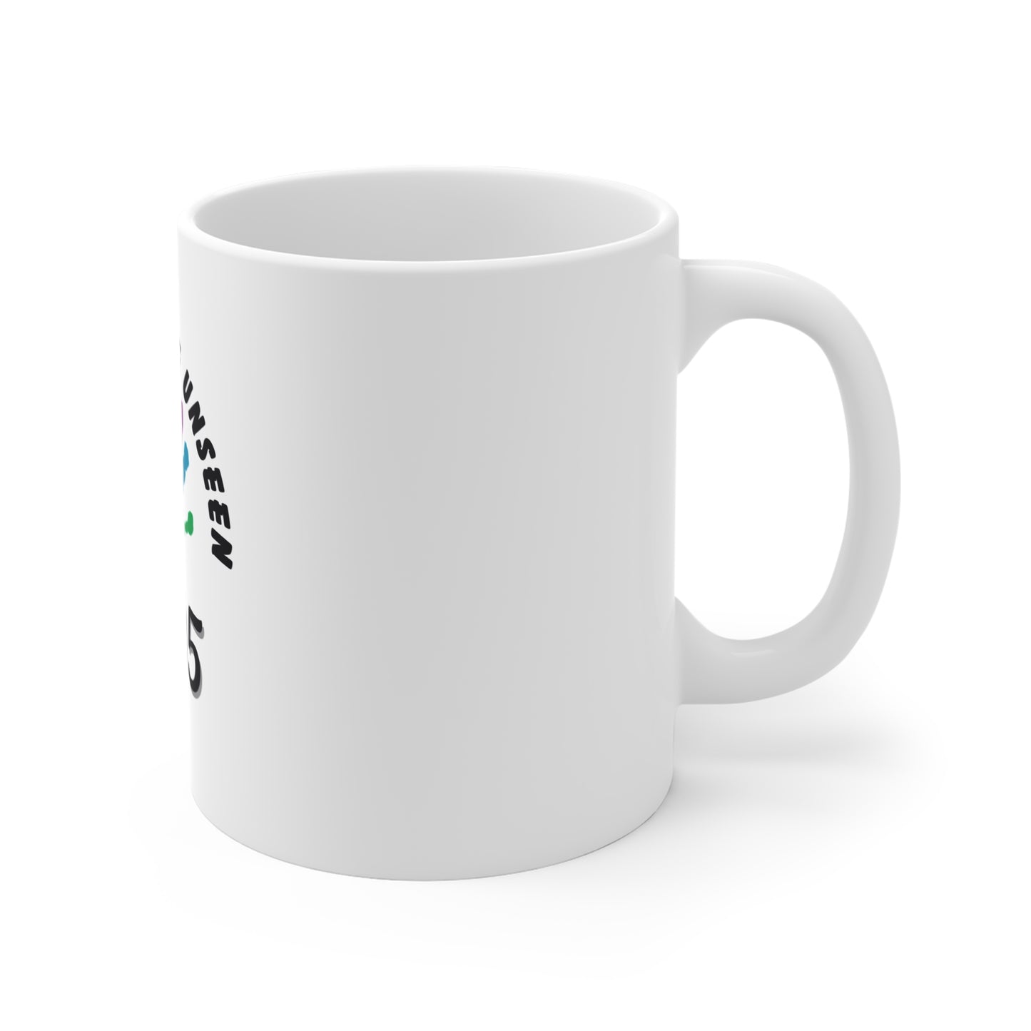 Right side of a white mug with text and graphics on a white background