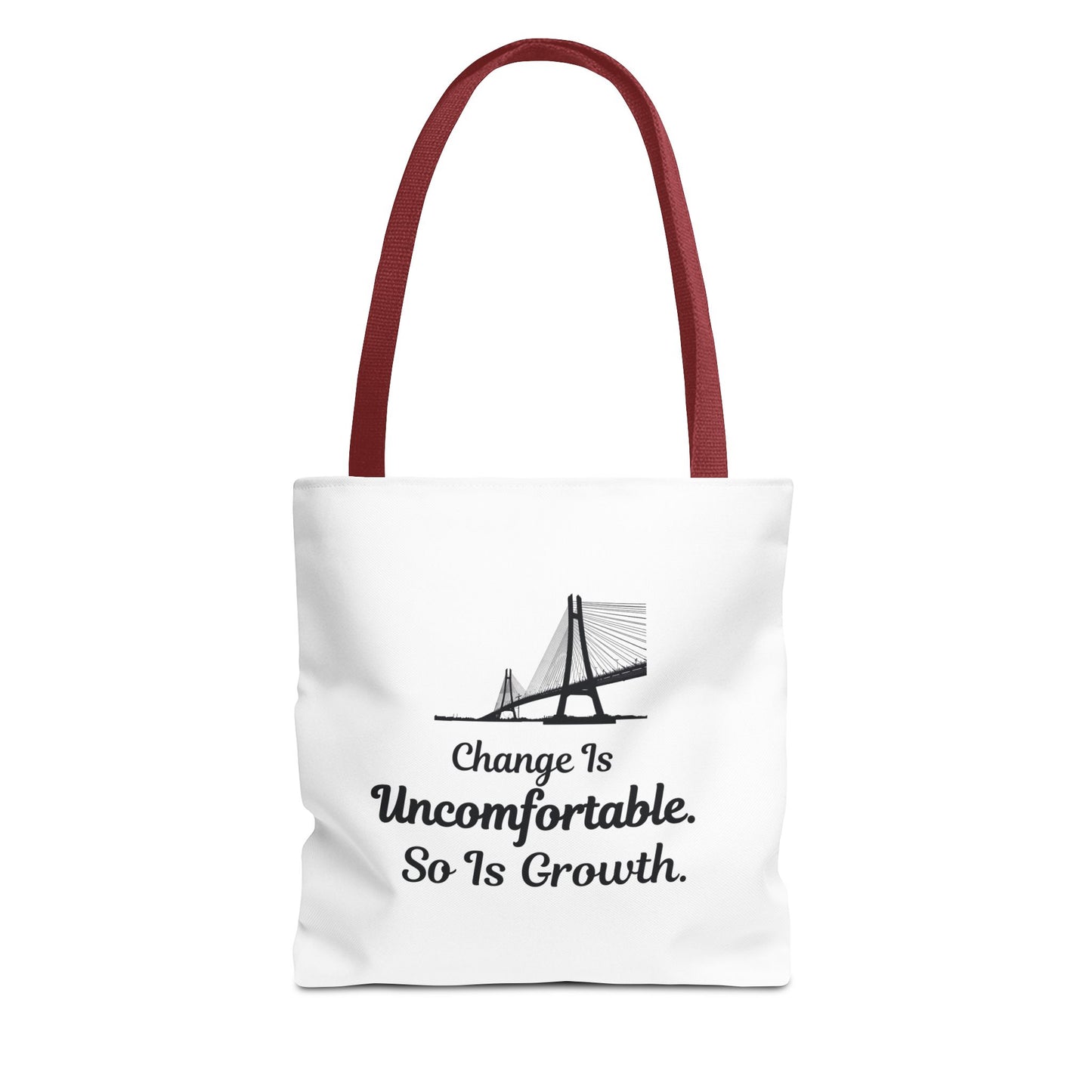 White tote bag with red handle, featuring the text 'Change Is Uncomfortable. So Is Growth' and a bridge graphic on a white background