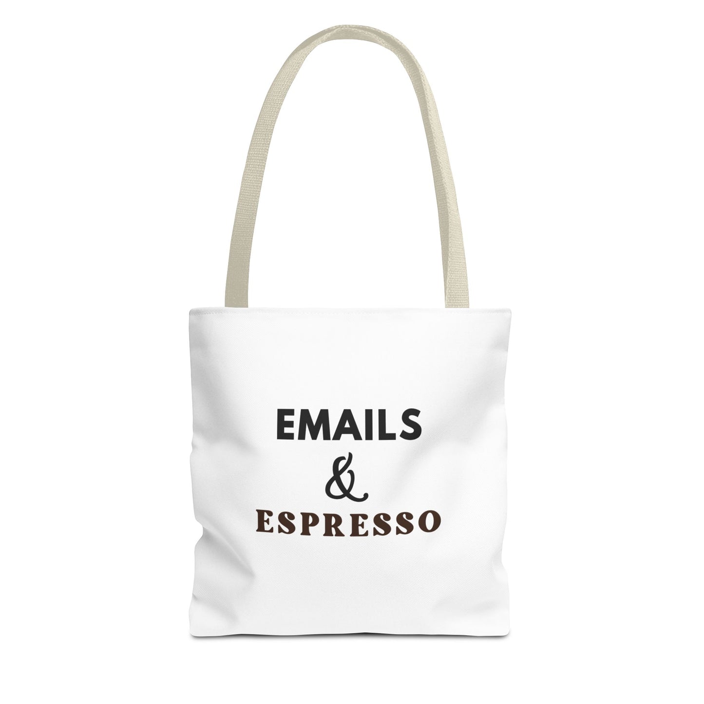 White tote bag with beige handles and text 'EMAILS & ESPRESSO' on a white background