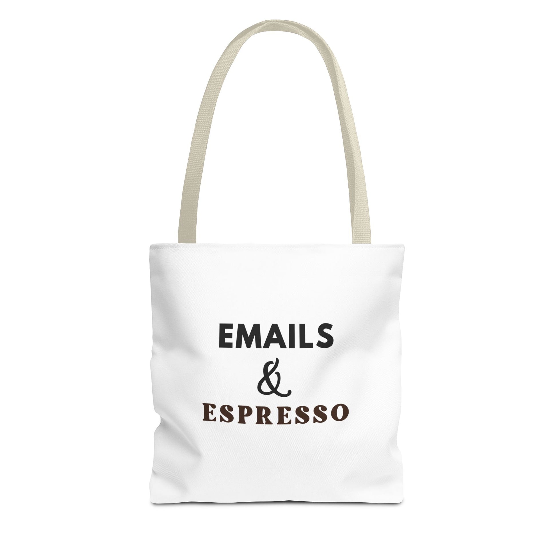 White tote bag with beige handles and text 'EMAILS & ESPRESSO' on a white background