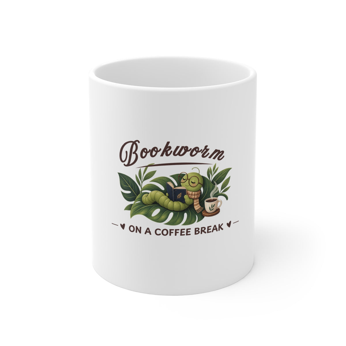 A white ceramic coffee mug featuring the text 'Bookworm ON A COFFEE BREAK'.