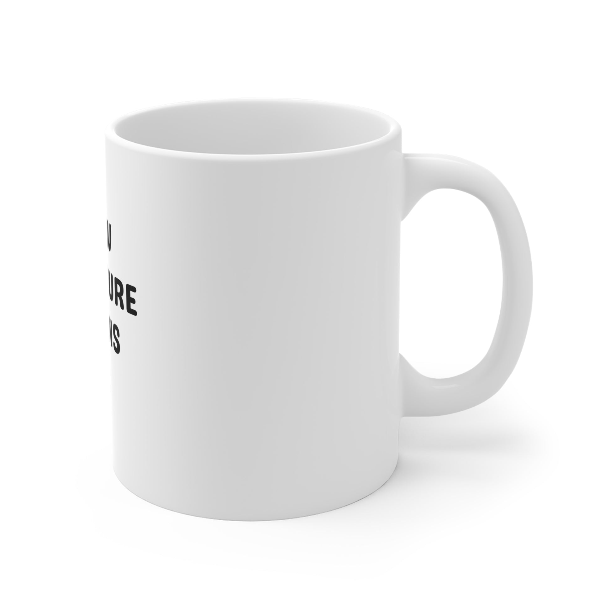 Right side of white mug with 'A New Adventure Begins' text and footprints on a white background