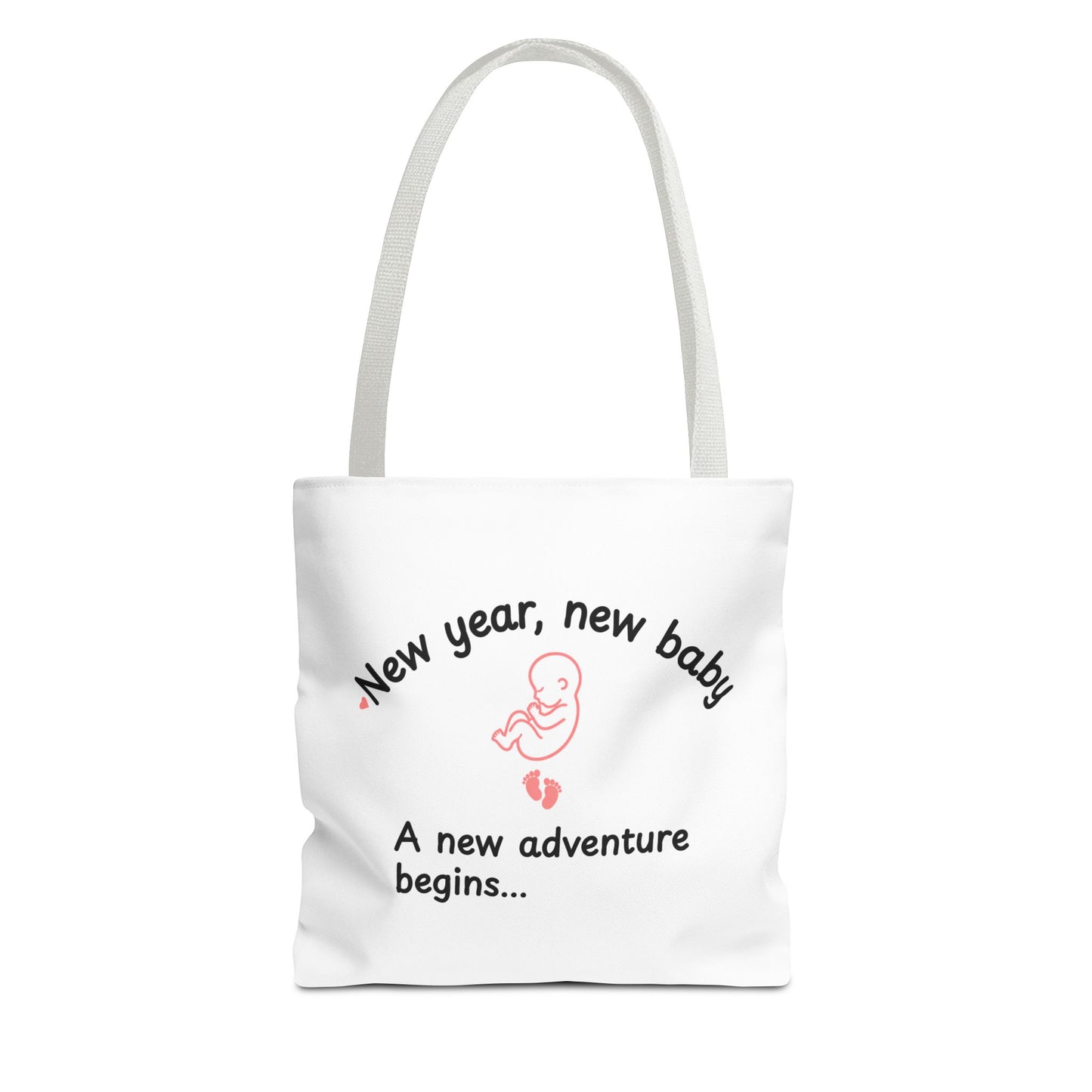 A white tote bag with white handle featuring the text 'New year, new baby. A new adventure begins...' on white background
