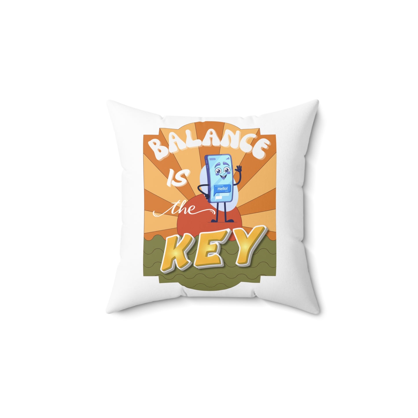 Decorative pillow with cartoon character and 'Balance is the Key' text on a white background