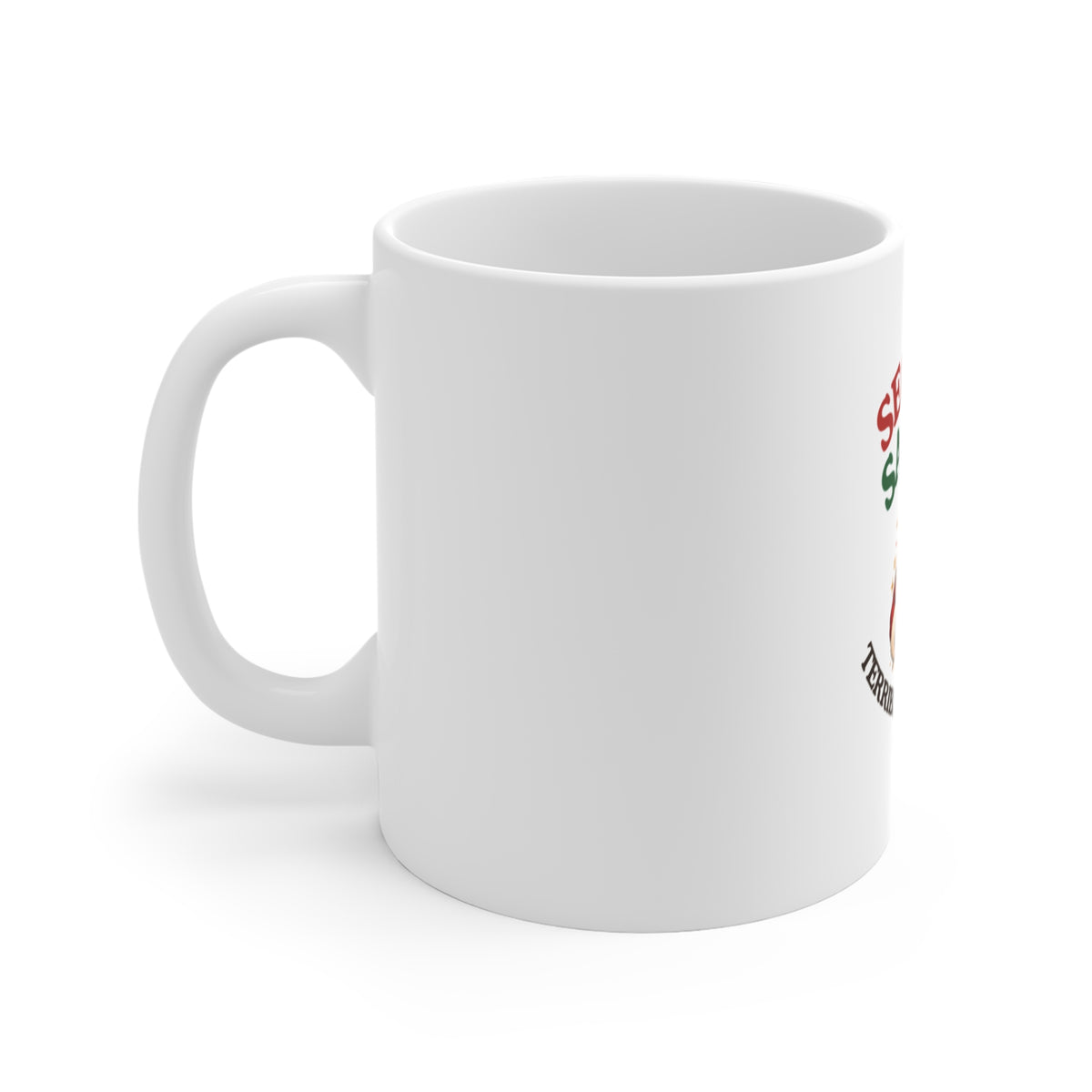 Left side of a white mug featuring a Secret Santa Terrible at Secrets design on a white background