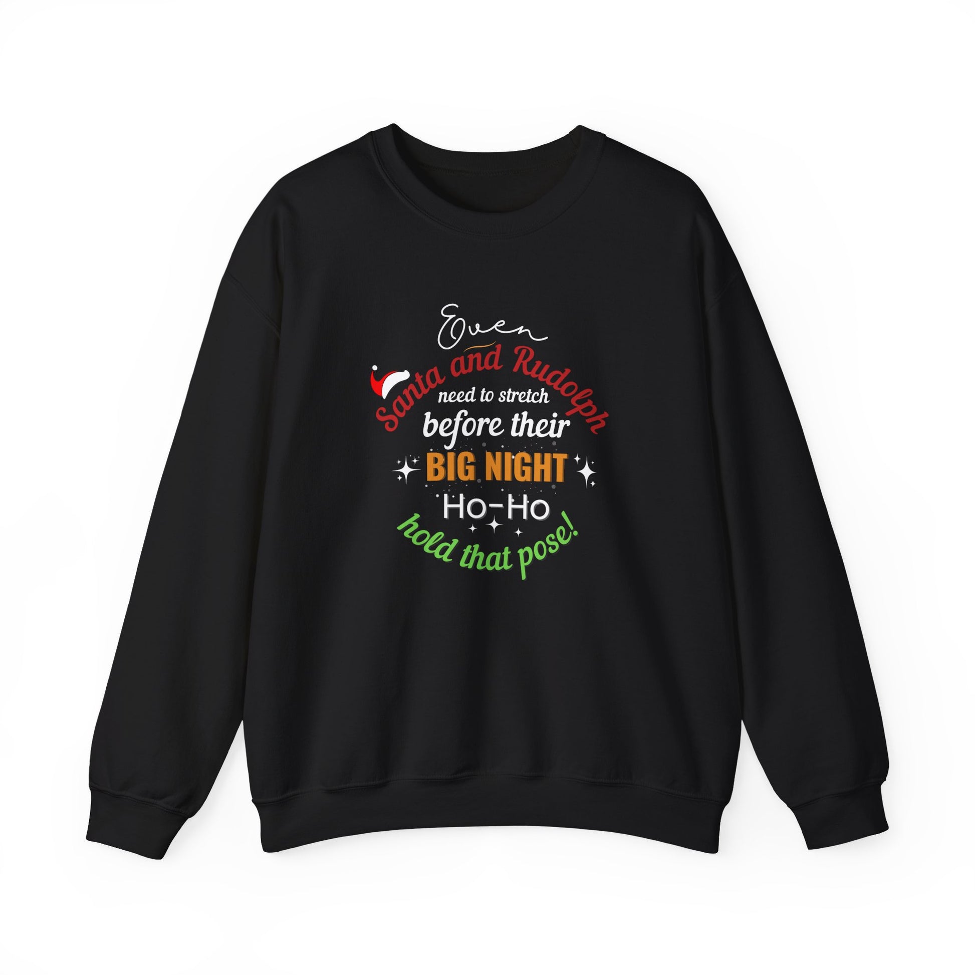Black sweatshirt with Christmas-themed text design on a white background