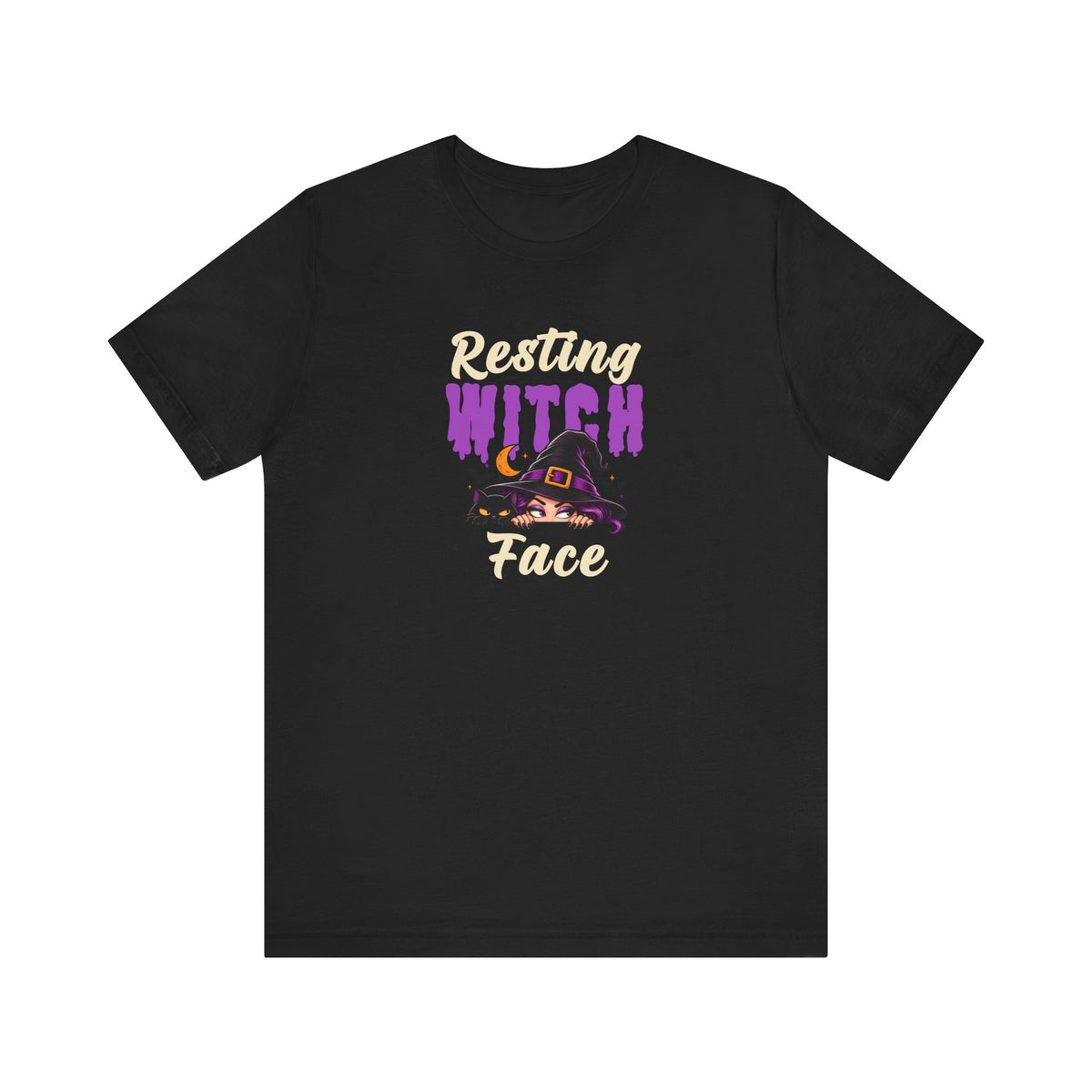 A black t-shirt with a graphic on the chest that reads 'Resting WITCH Face' in beige and purple lettering, featuring a witch hat illustration.