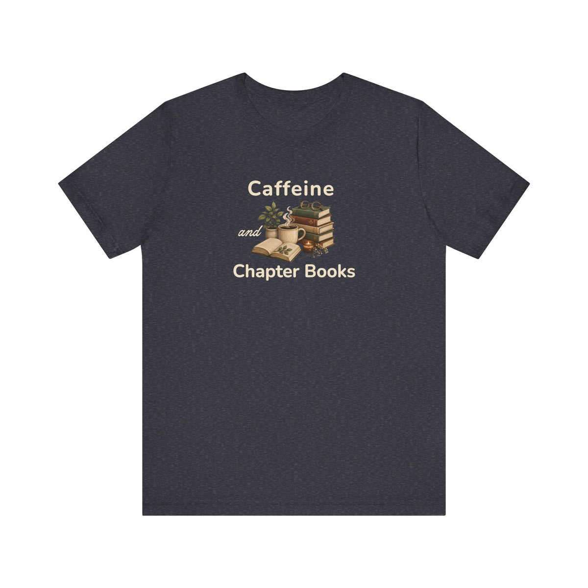 A heather navy t-shirt with a 'Caffeine and Chapter Books' design on the white background