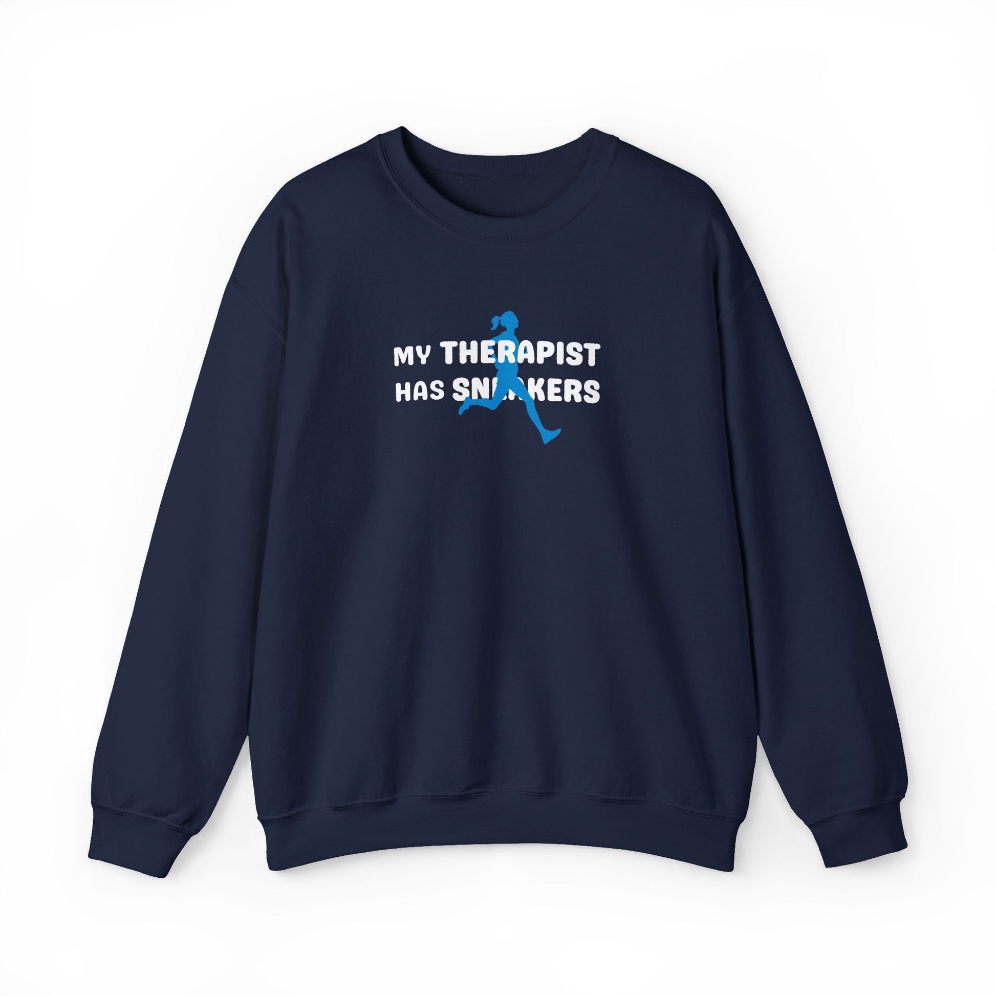 Navy blue sweatshirt with 'My Therapist Has Sneakers' text and graphic on a white background