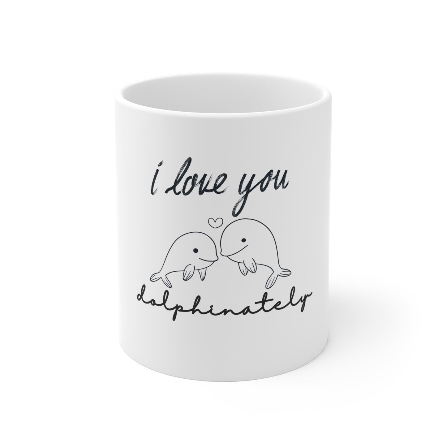White mug with 'I love you dolphinately' text and dolphin illustrations on a white background