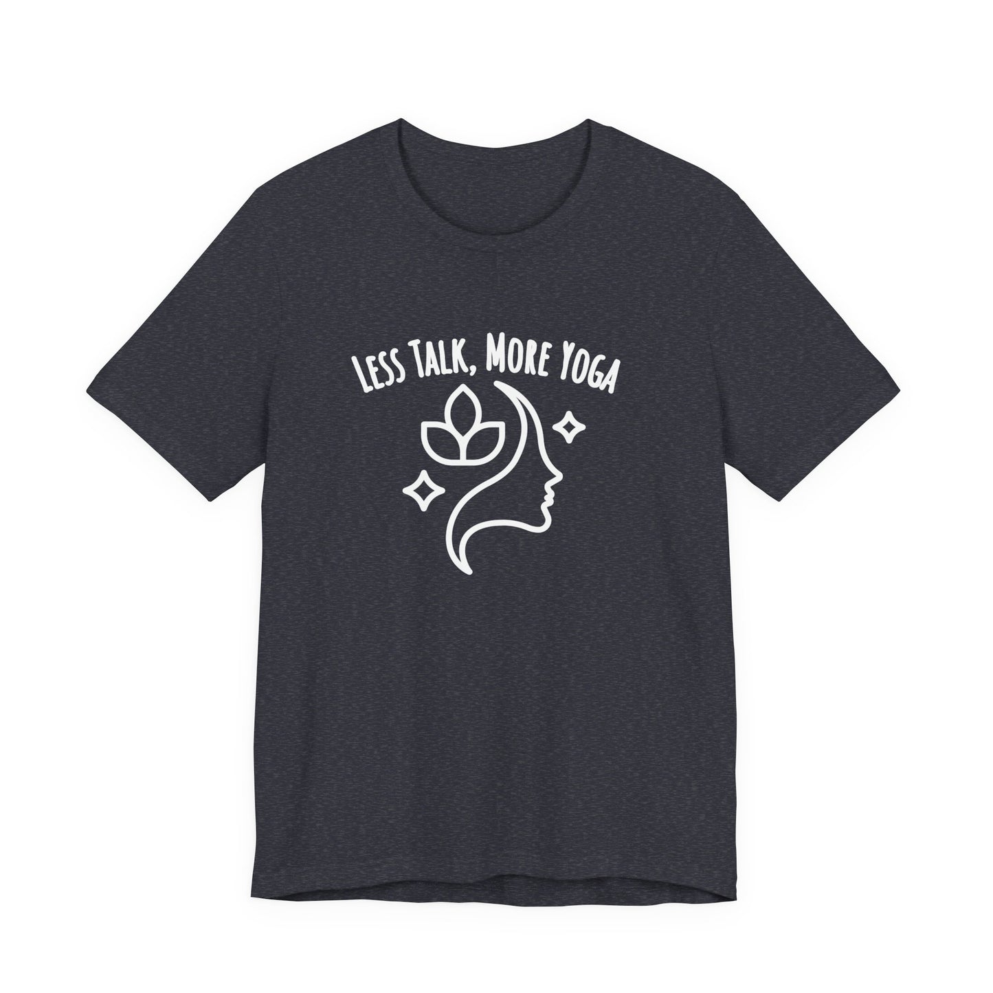 heather navy t-shirt with white graphic and text 'LESS TALK, MORE YOGA' on a white background