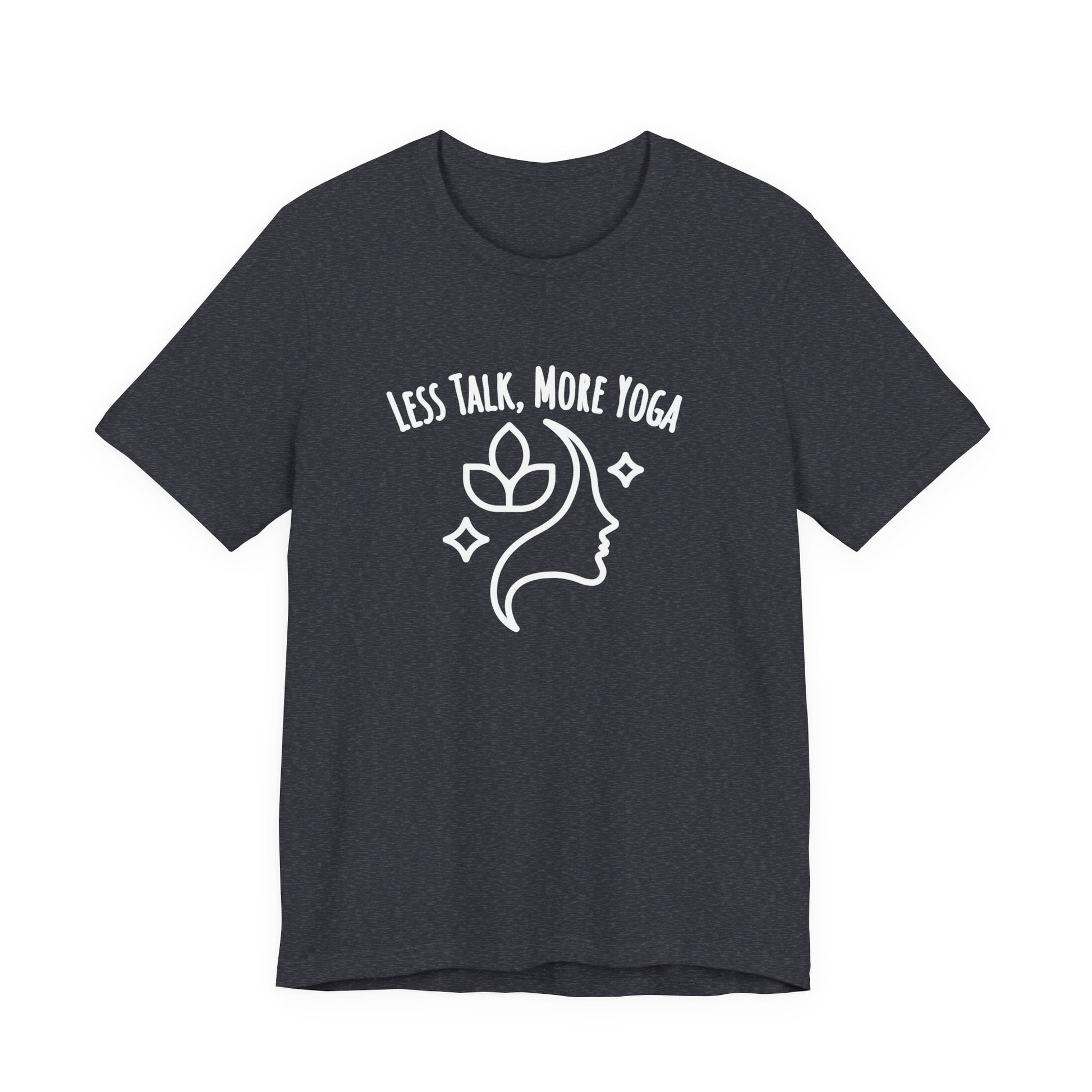 heather navy t-shirt with white graphic and text 'LESS TALK, MORE YOGA' on a white background