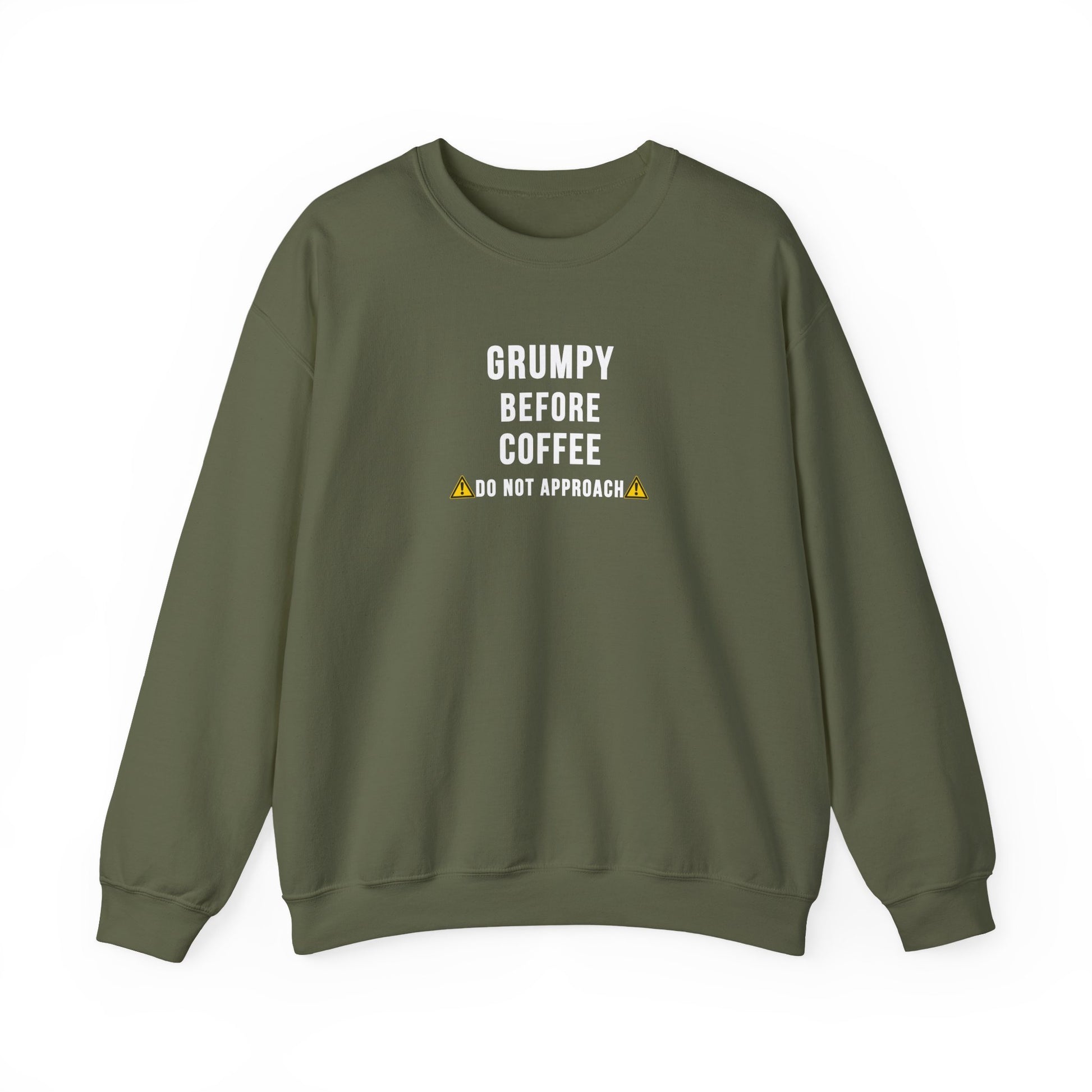 Green sweatshirt with text 'Grumpy before coffee, do not approach' on a white background