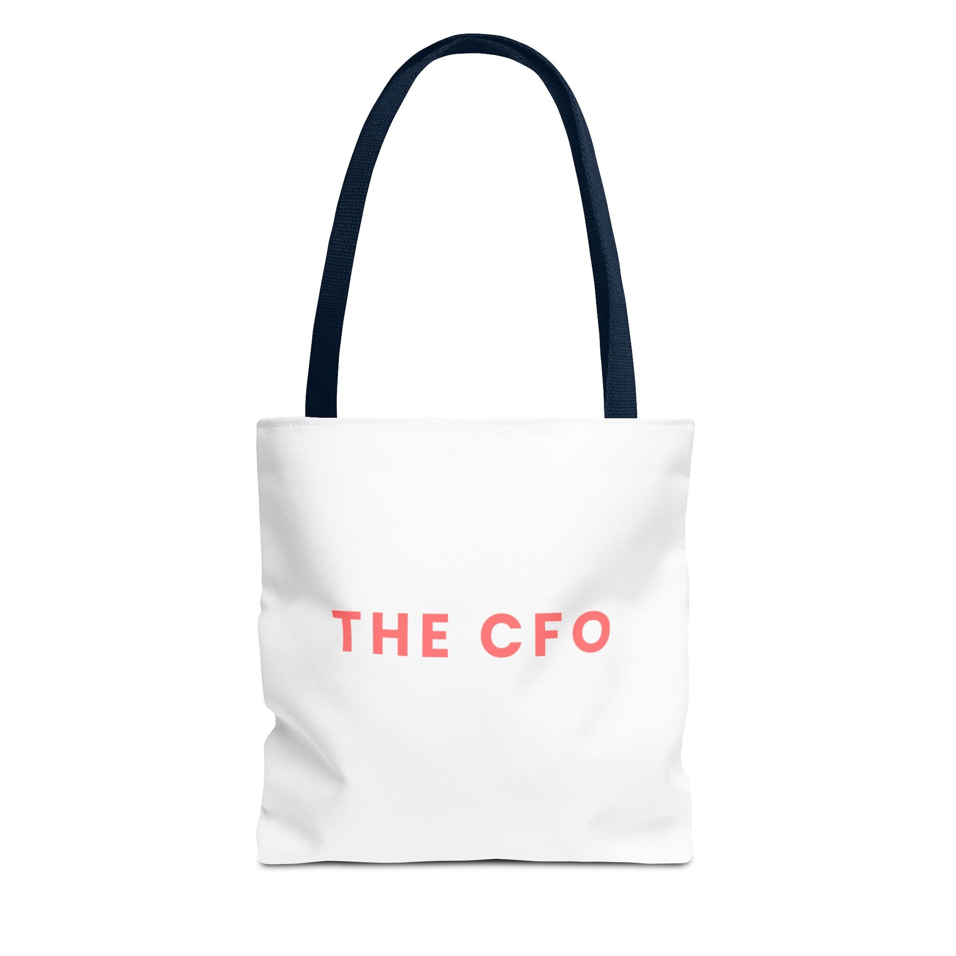 White tote bag with navy handles and 'THE CFO' text on a white background