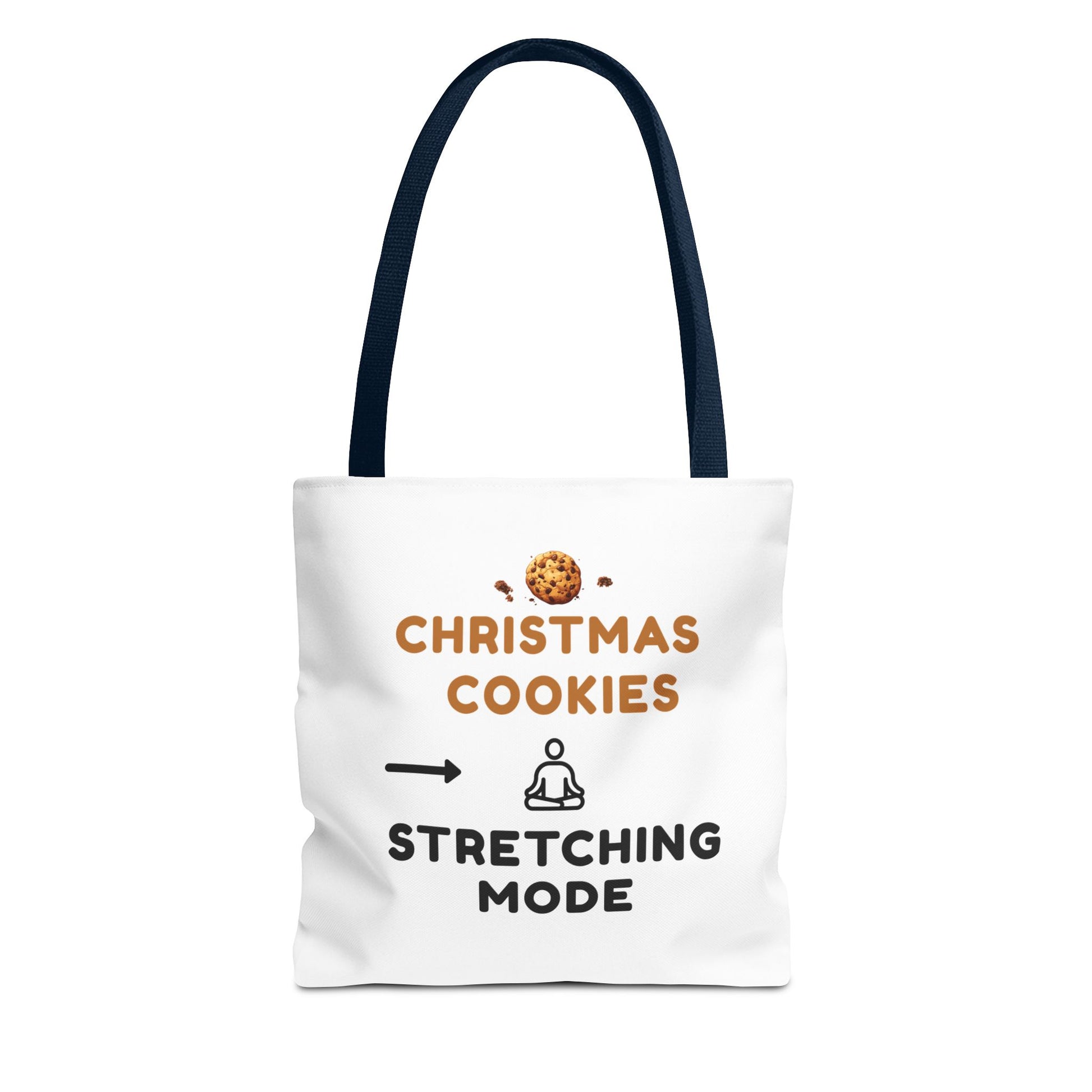 White tote bag with navy handle and text 'Christmas Cookies, Stretching Mode' on a white background