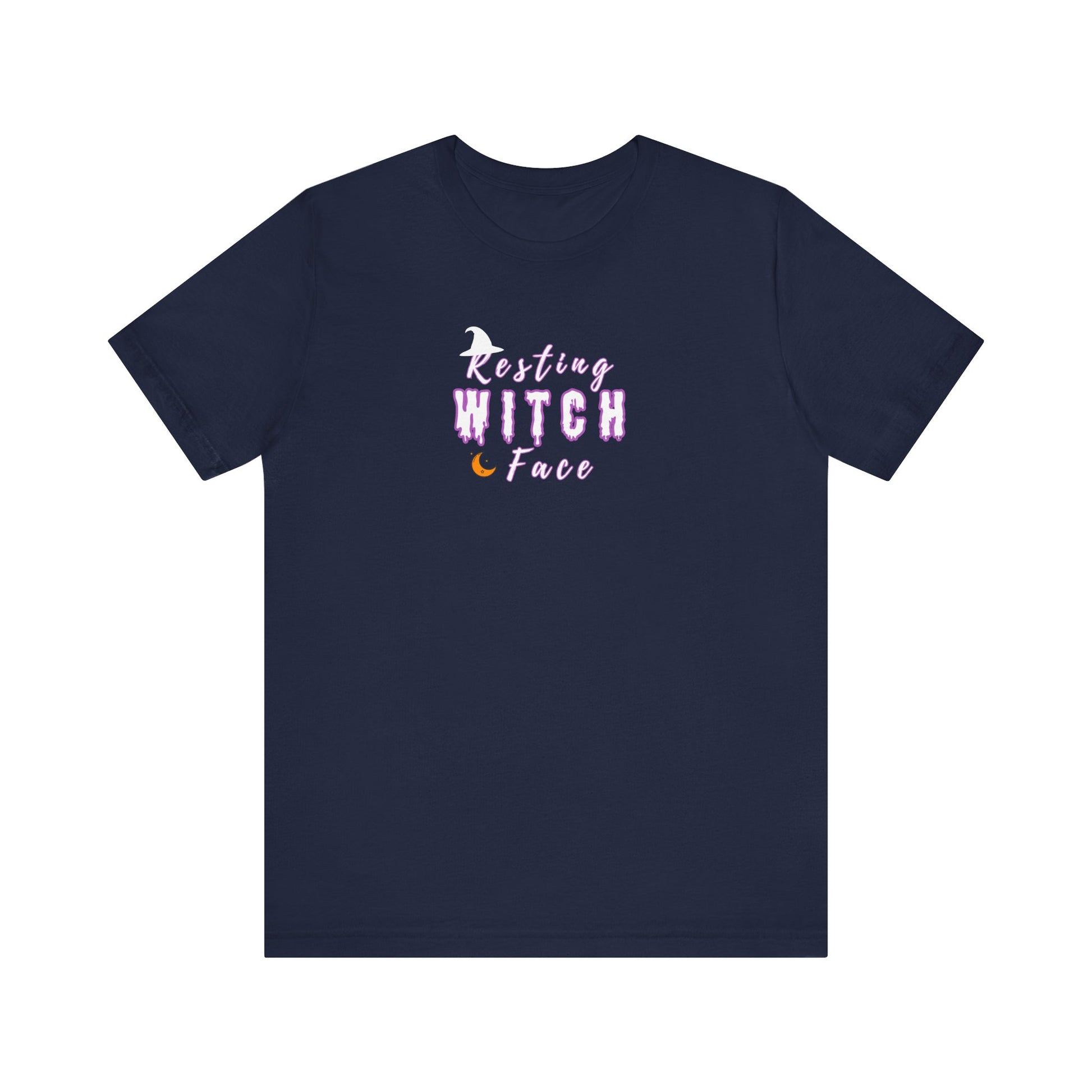 Navy blue t-shirt with 'Resting Witch Face' text on a white background