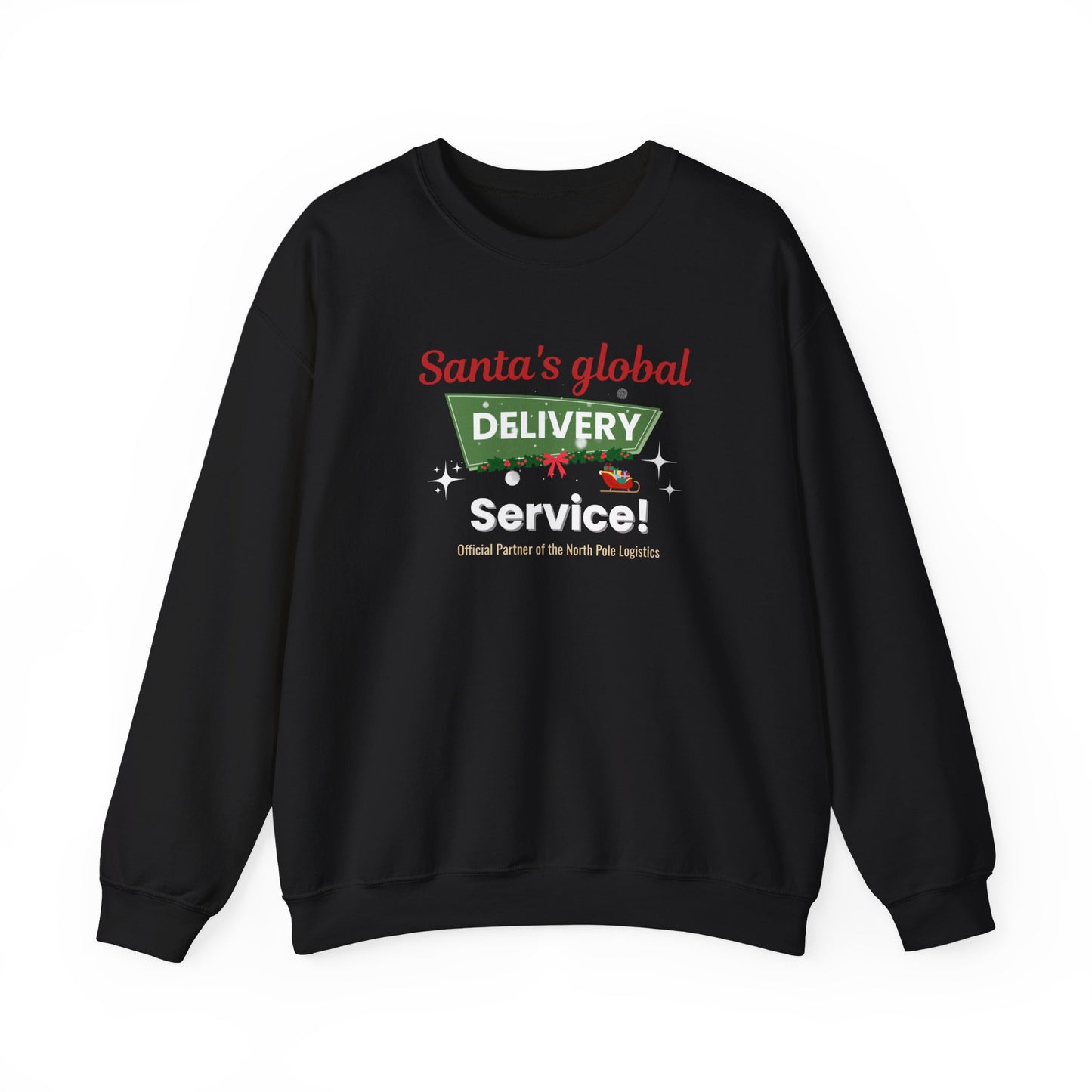 Black sweatshirt with 'Santa's global delivery service' text and graphics on a white background