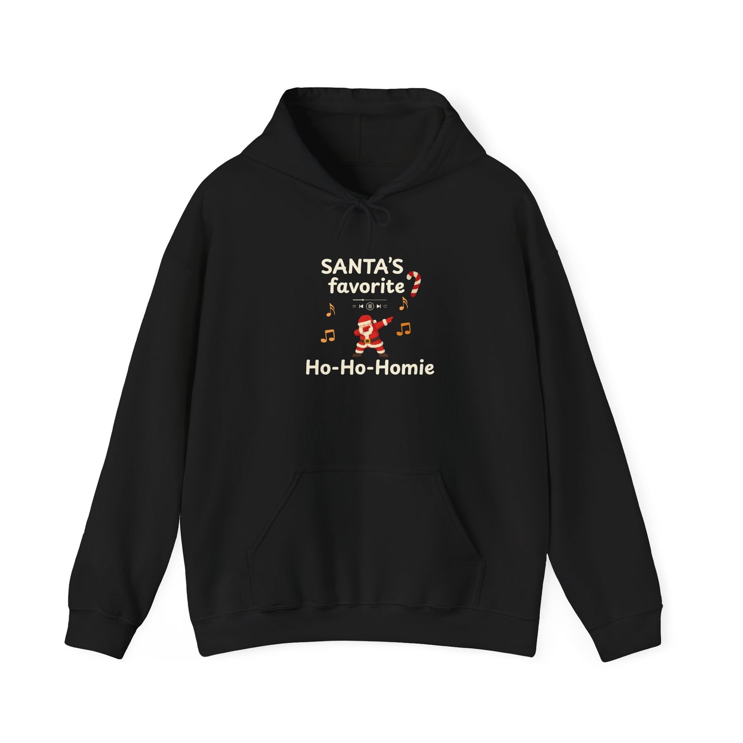 Black hoodie featuring the text 'Santa's Favorite Ho-Ho-Homie' and graphics on a white background