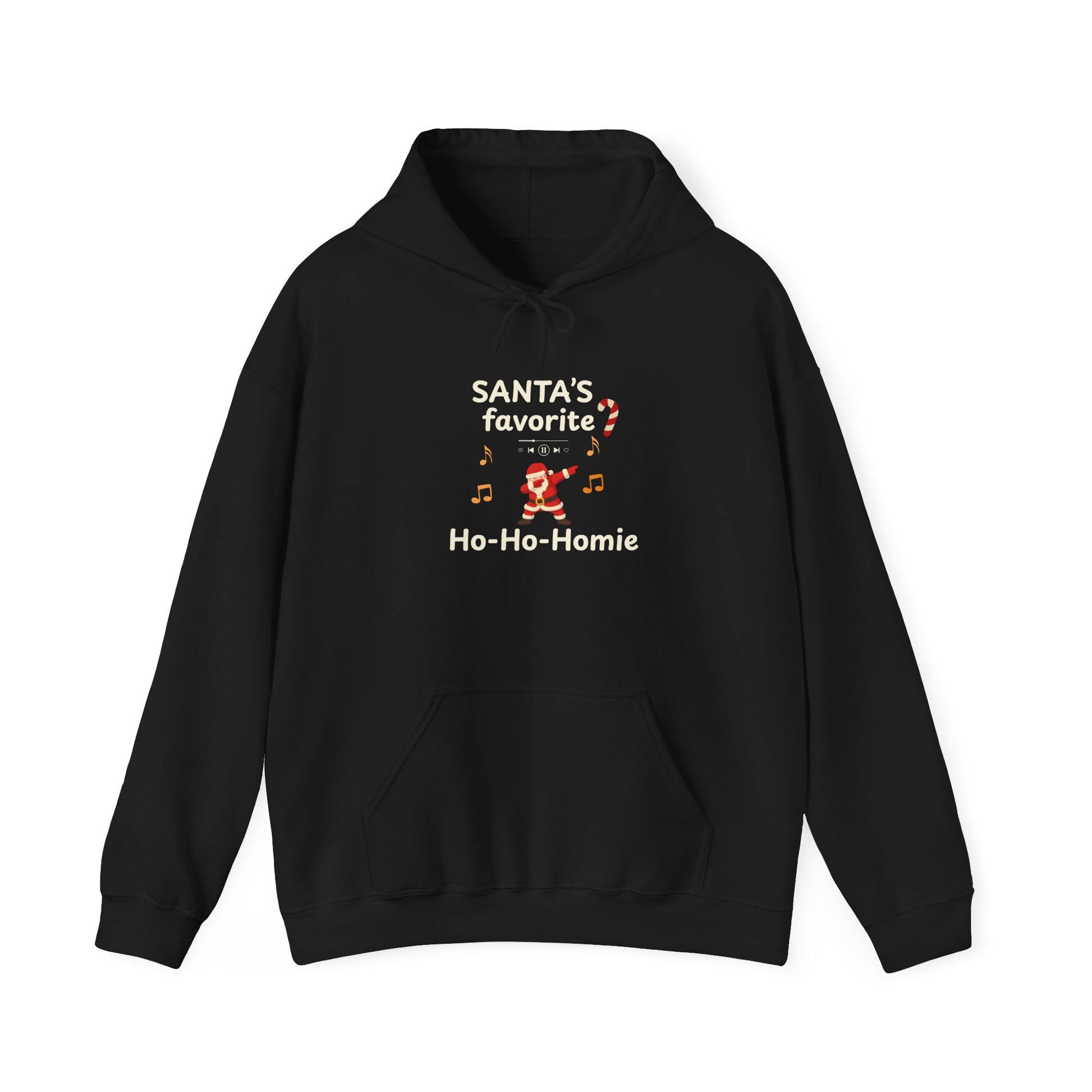 Black hoodie featuring the text 'Santa's Favorite Ho-Ho-Homie' and graphics on a white background