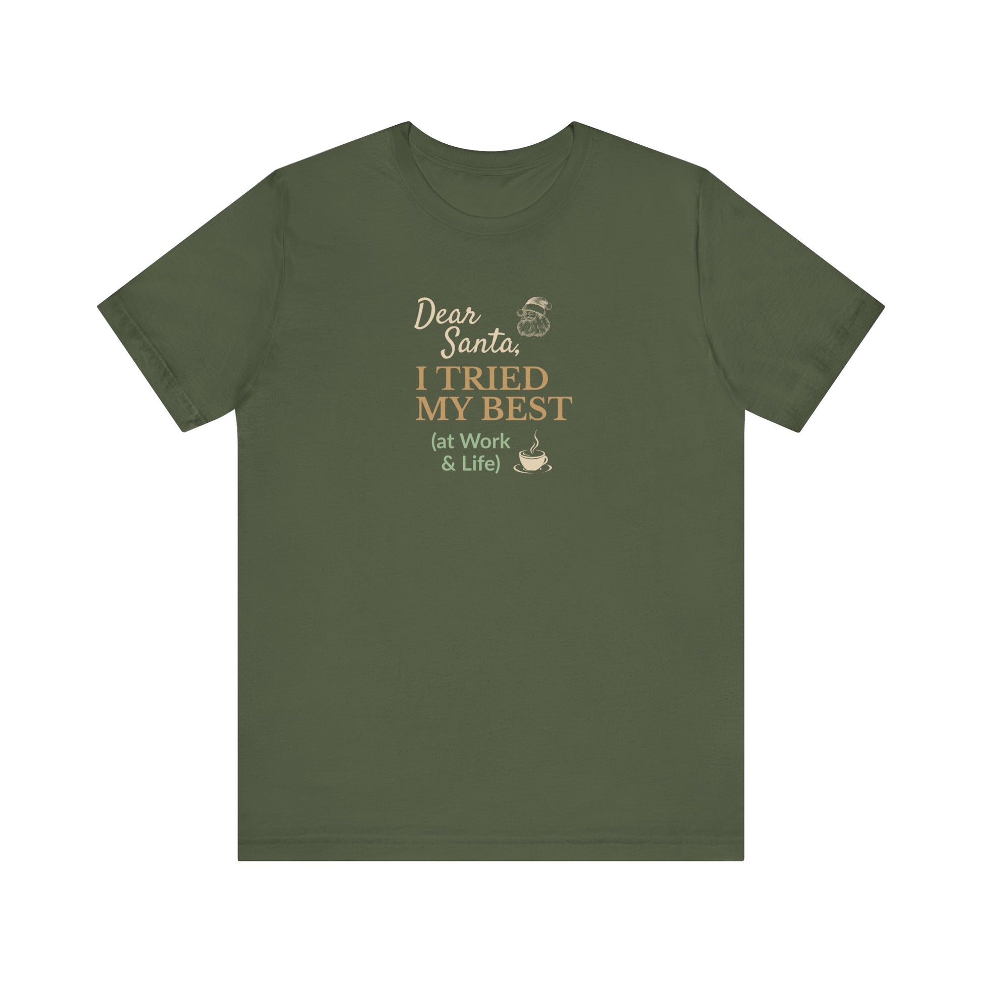 Green t-shirt with humorous text design on a white background