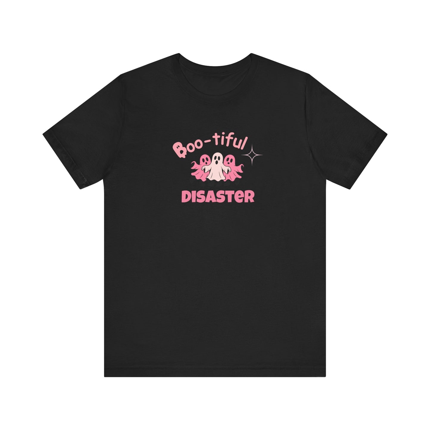 Black t-shirt with 'Boo-tiful Disaster' text and ghost graphics on a white background