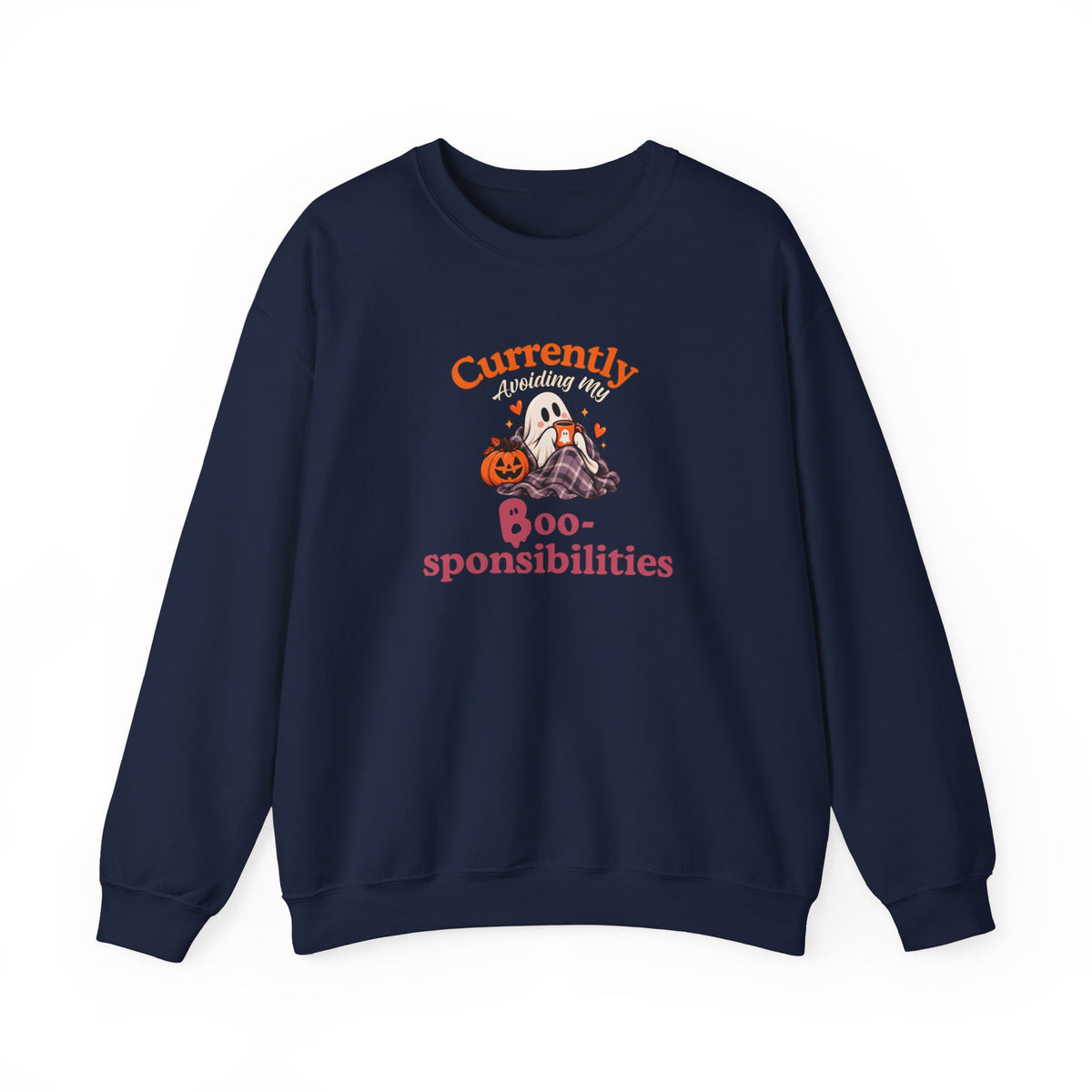 A navy sweatshirt featuring a 'Currently Avoiding My Boo-sponsibilities' graphic in orange and pink text, accompanied by a ghost, pumpkin.