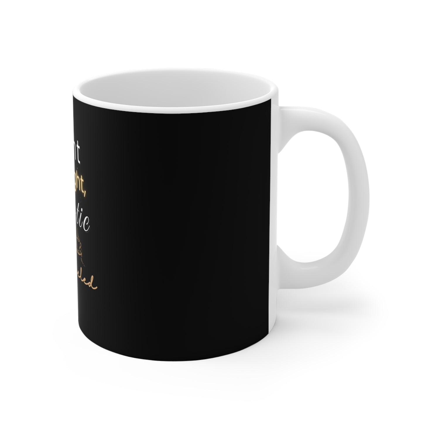 Right side view of black mug with white text on a white background