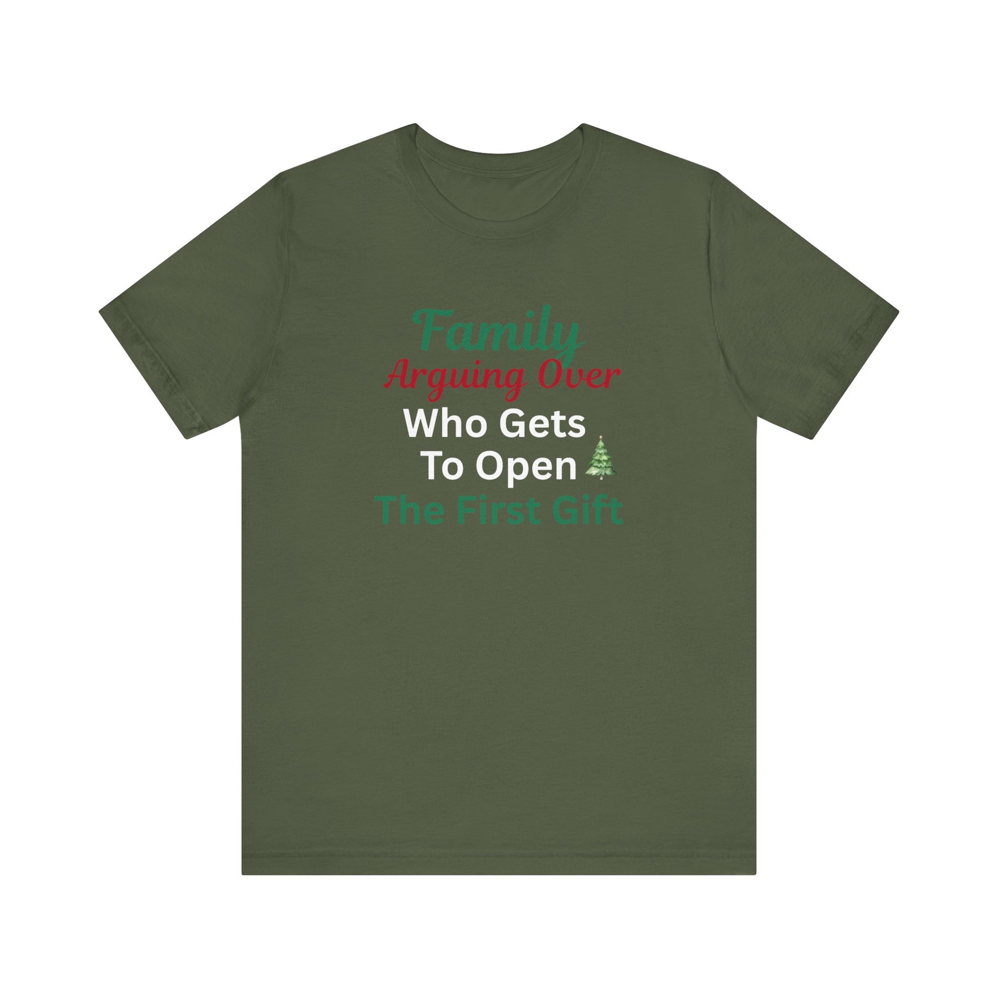 Green t-shirt with humorous text design on a white background