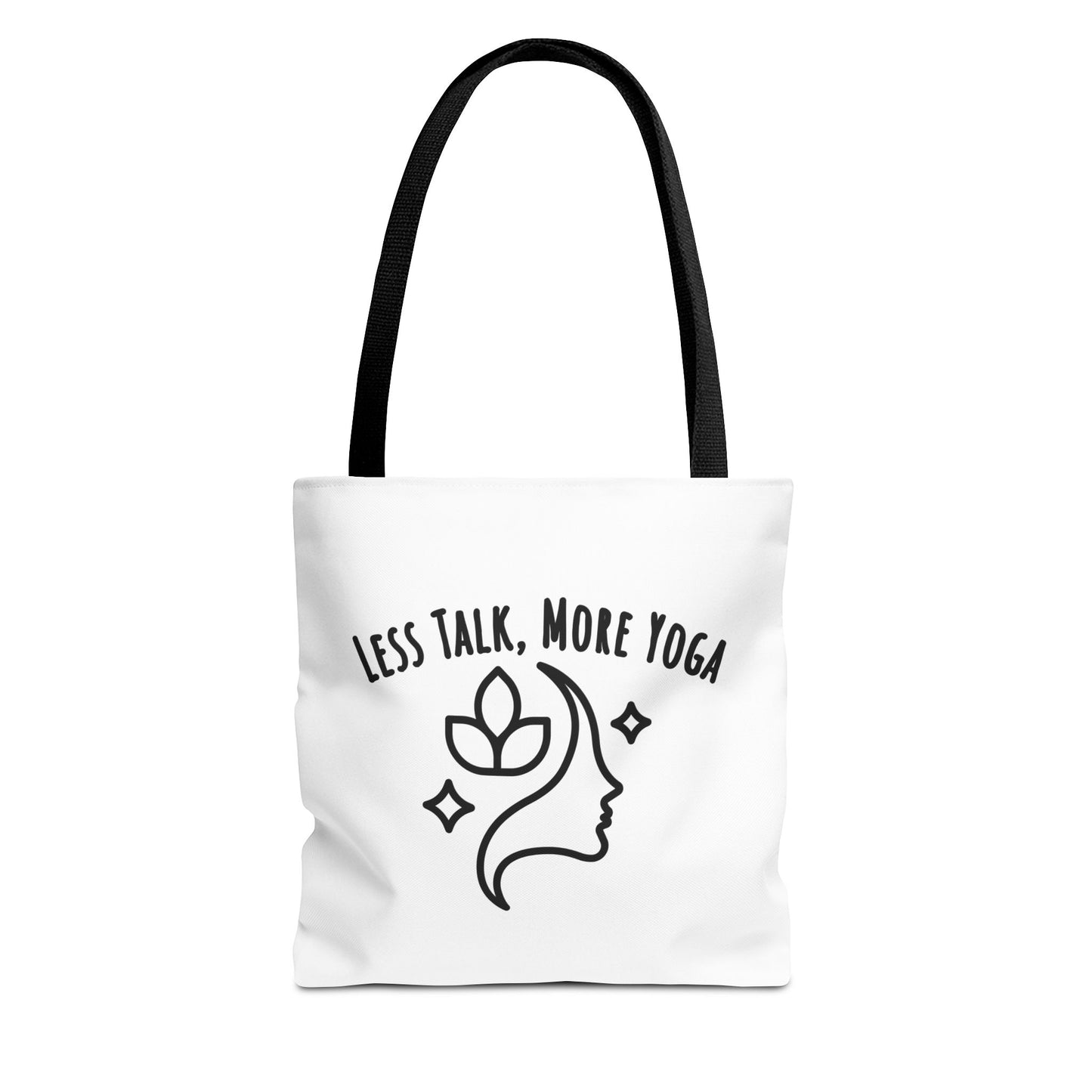 White tote bag with black handle and text 'Less Talk, More Yoga' on a white background