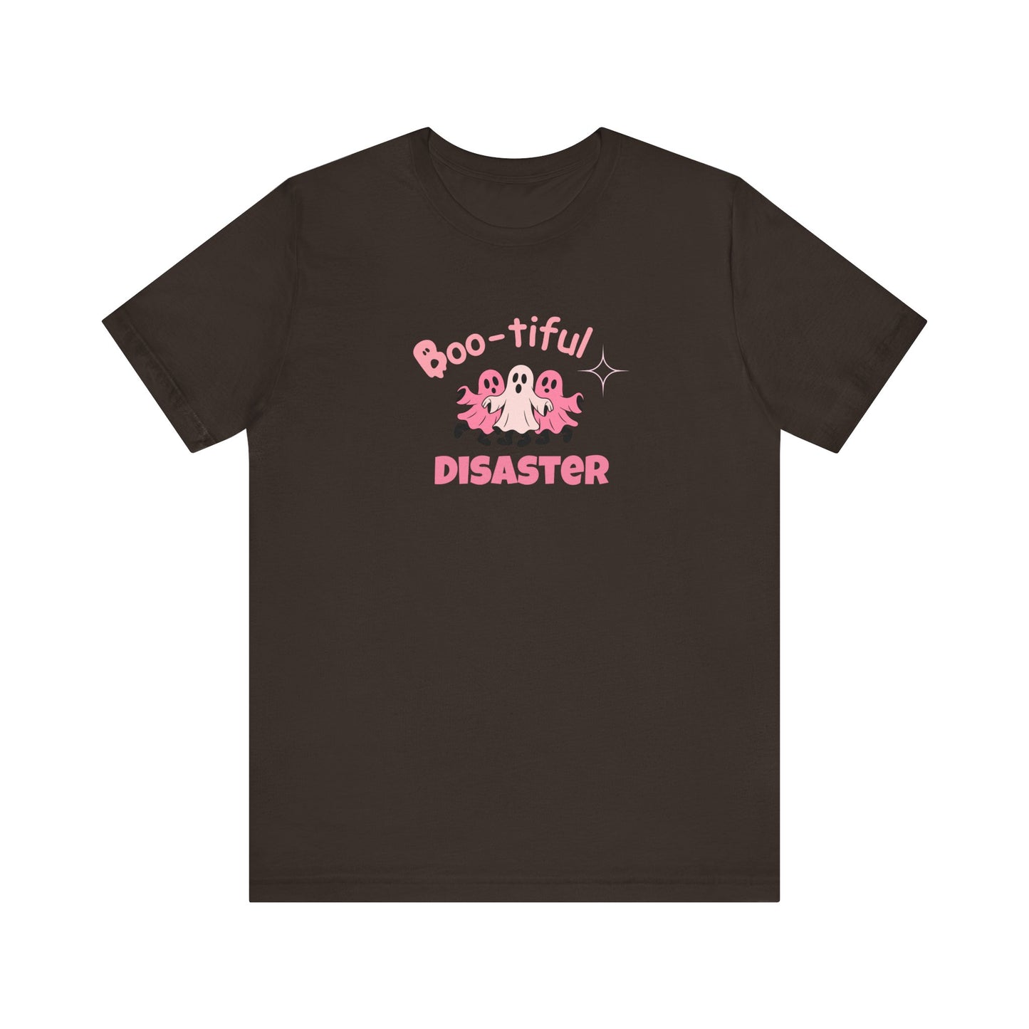 Brown t-shirt with text 'Boo-tiful Disaster' and ghost graphics on a white background