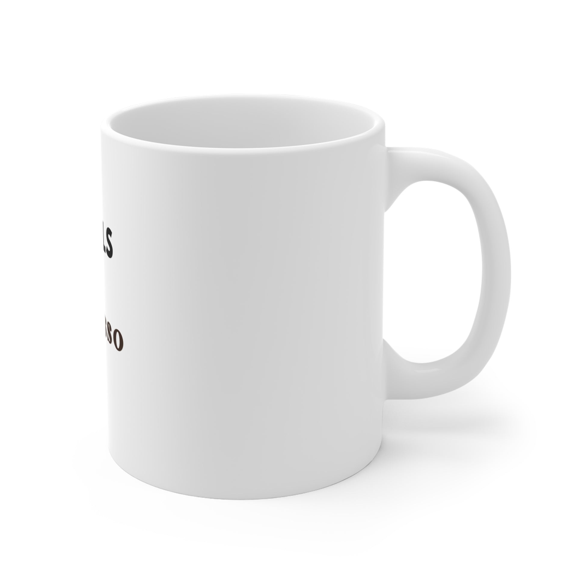 Right side view of a white mug with text 'EMAILS & ESPRESSO' on a white background