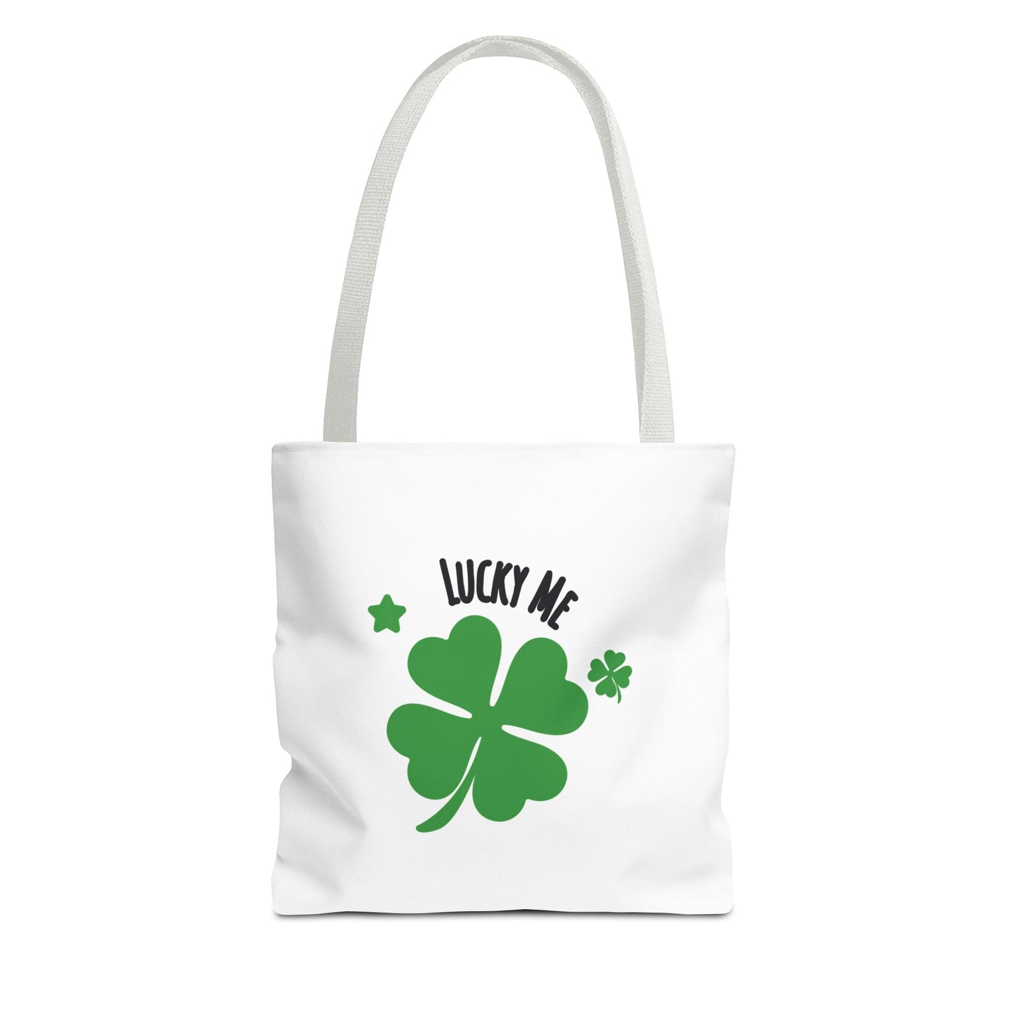 White tote bag with white handle, featuring the text 'Lucky Me' and green four-leaf clover on a white background