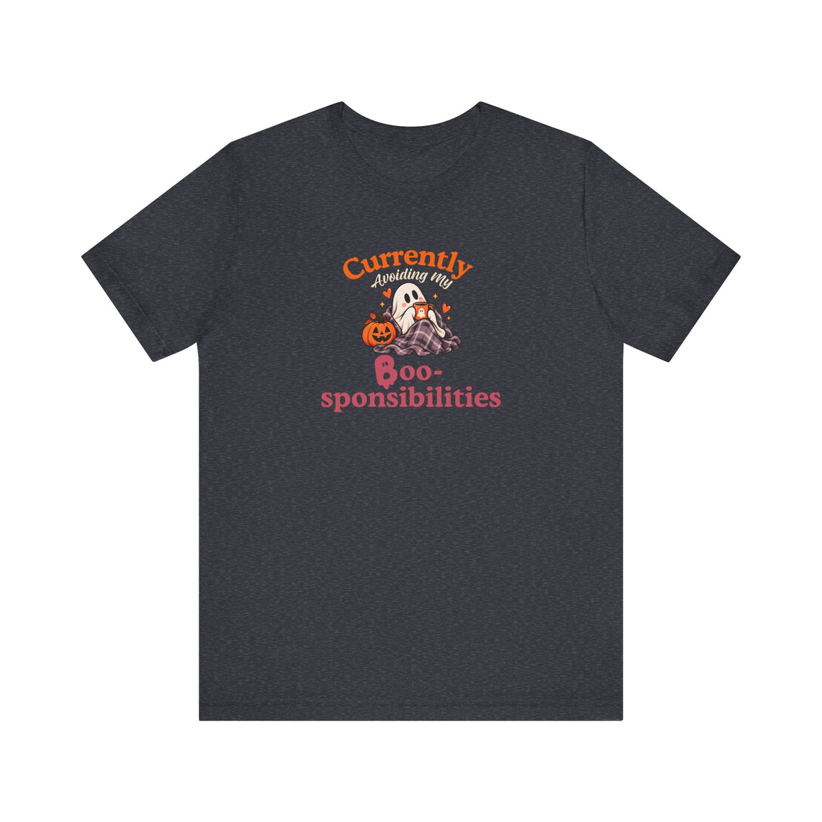A heather navy t-shirt featuring a 'Currently Avoiding My Boo-sponsibilities' graphic with a ghost and a pumpkin on the white background