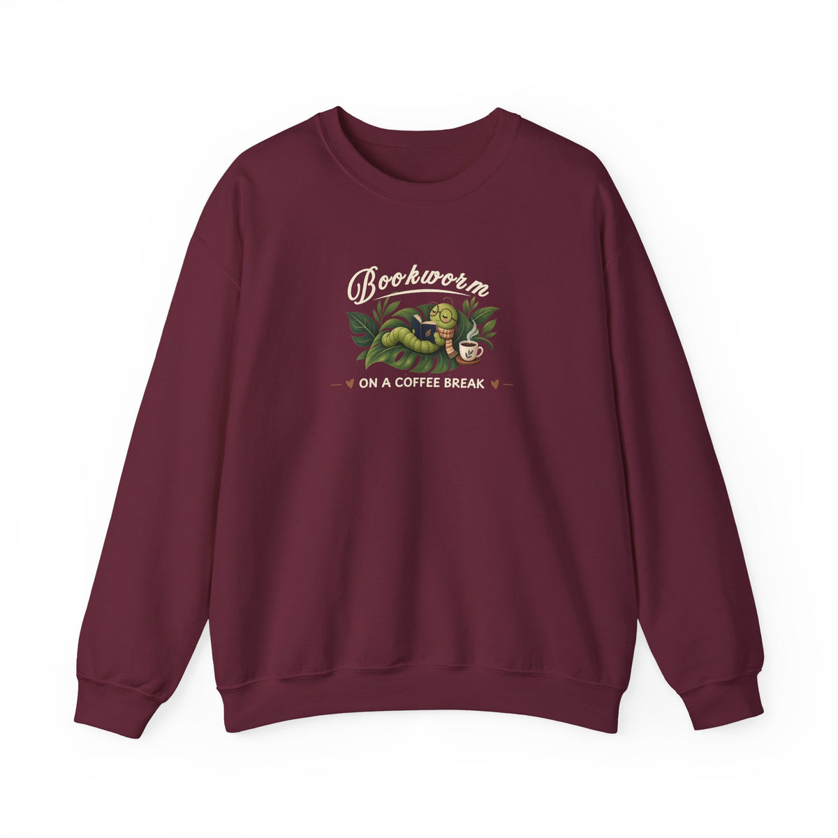 A Maroon sweatshirt featuring the text 'Bookworm ON A COFFEE BREAK' against on a white background.